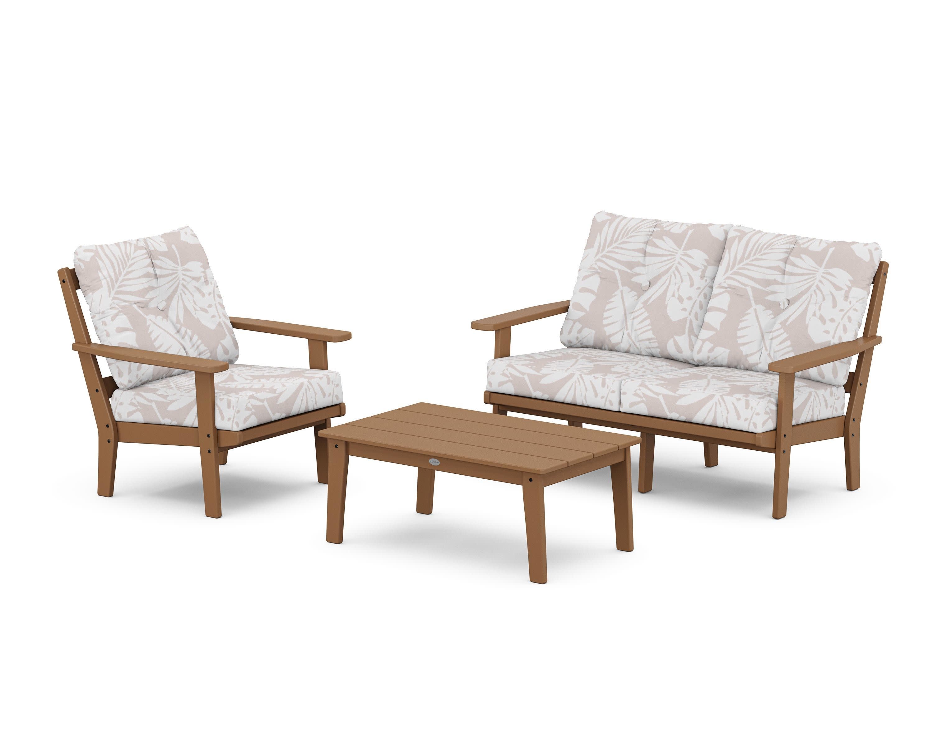 Prairie 3-Piece Deep Seating Set with Loveseat in Teak / Leaf Dune Burlap