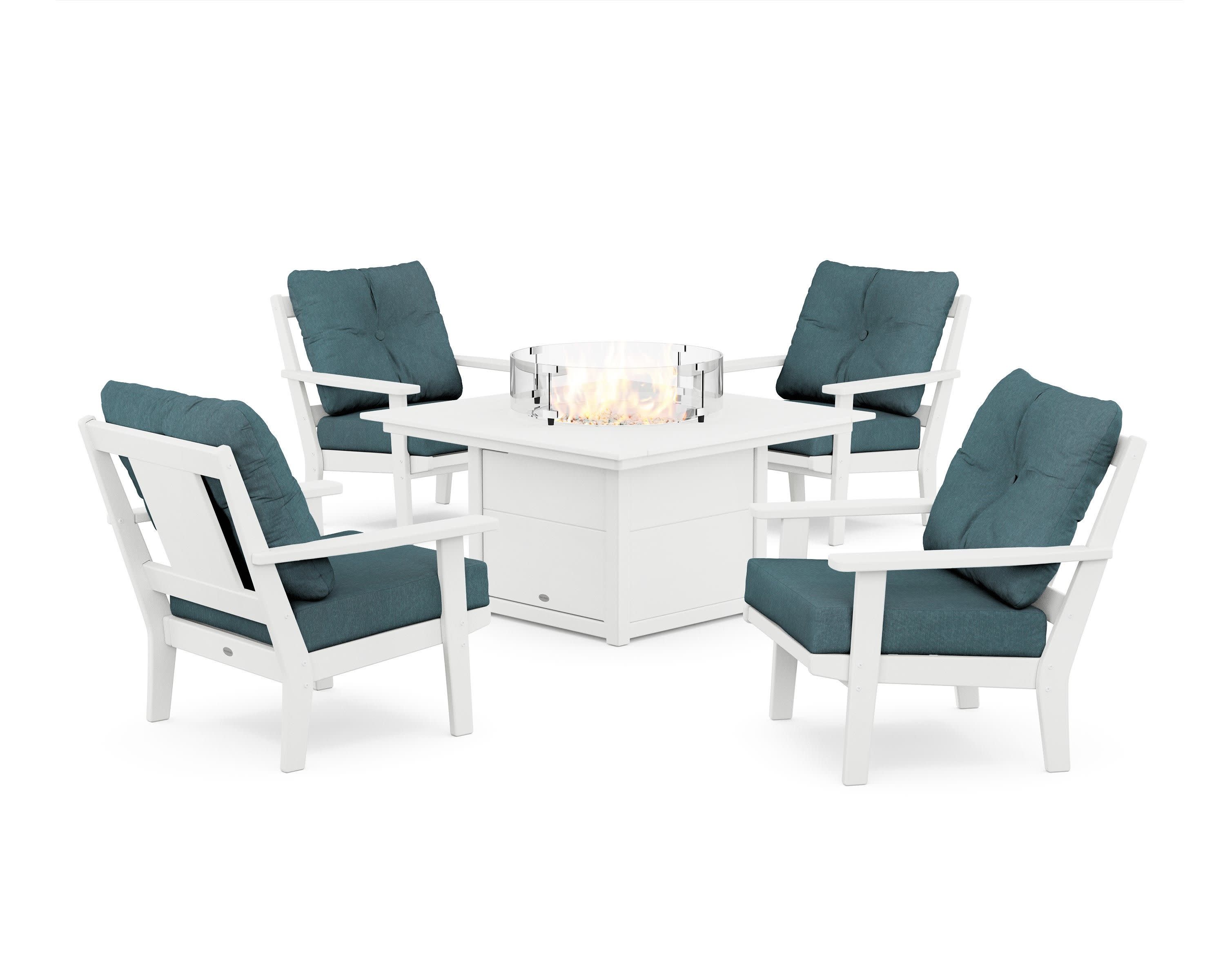 Prairie 5-Piece Deep Seating Set with Fire Pit Table in White / Ocean Teal