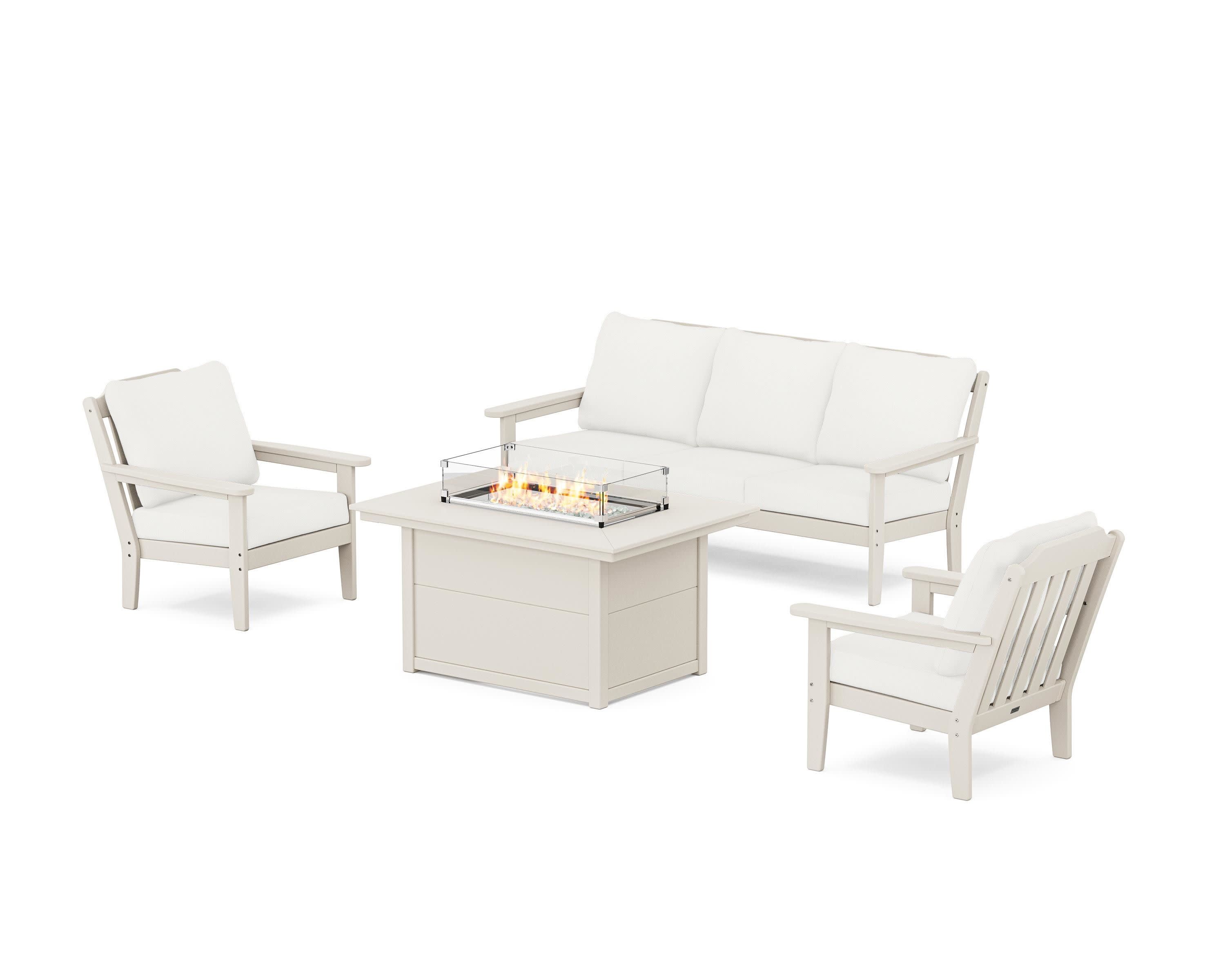 Cottage Deep Seating Fire Pit Table Set in Sand / Natural Linen