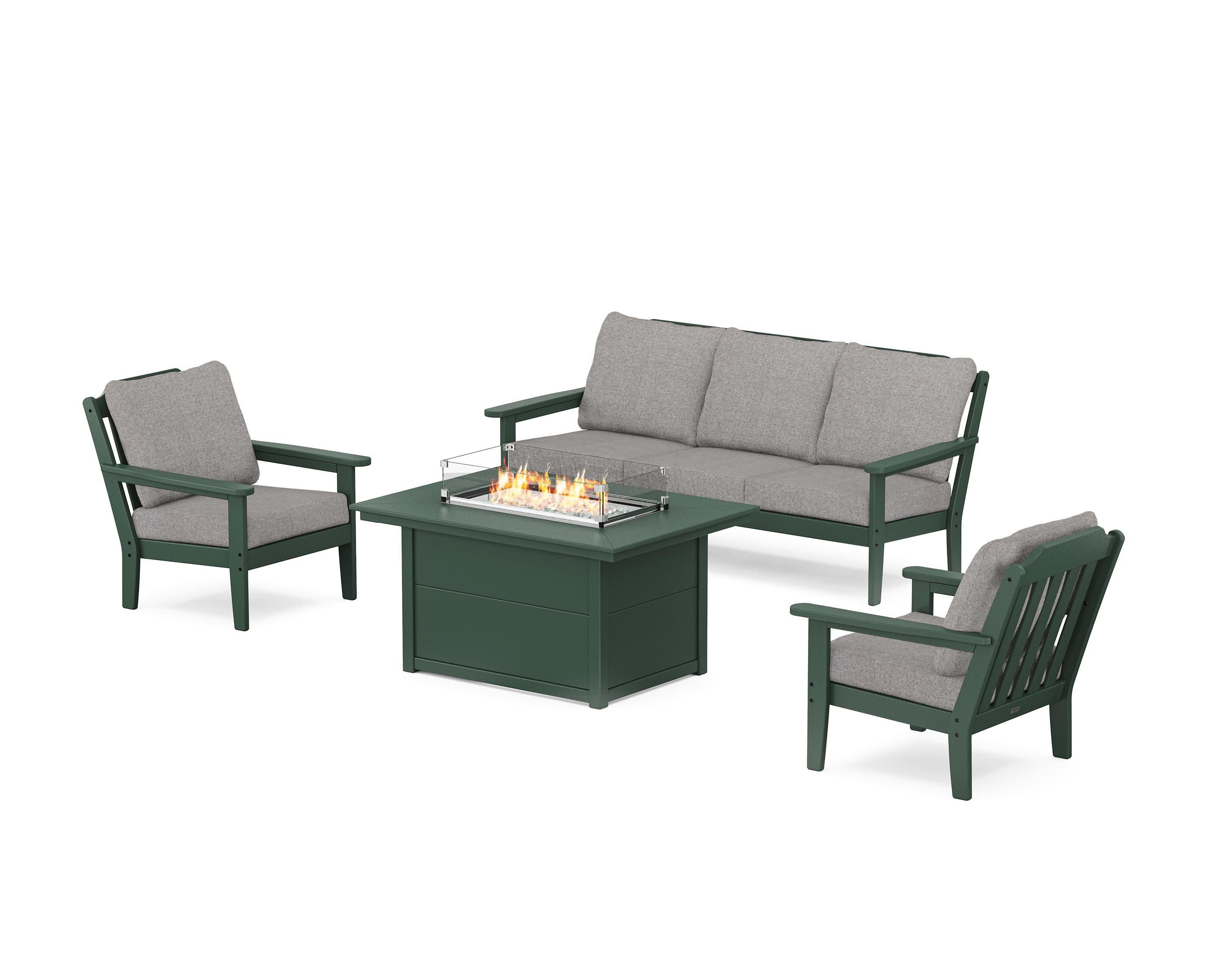 Cottage Deep Seating Fire Pit Table Set in Green / Grey Mist