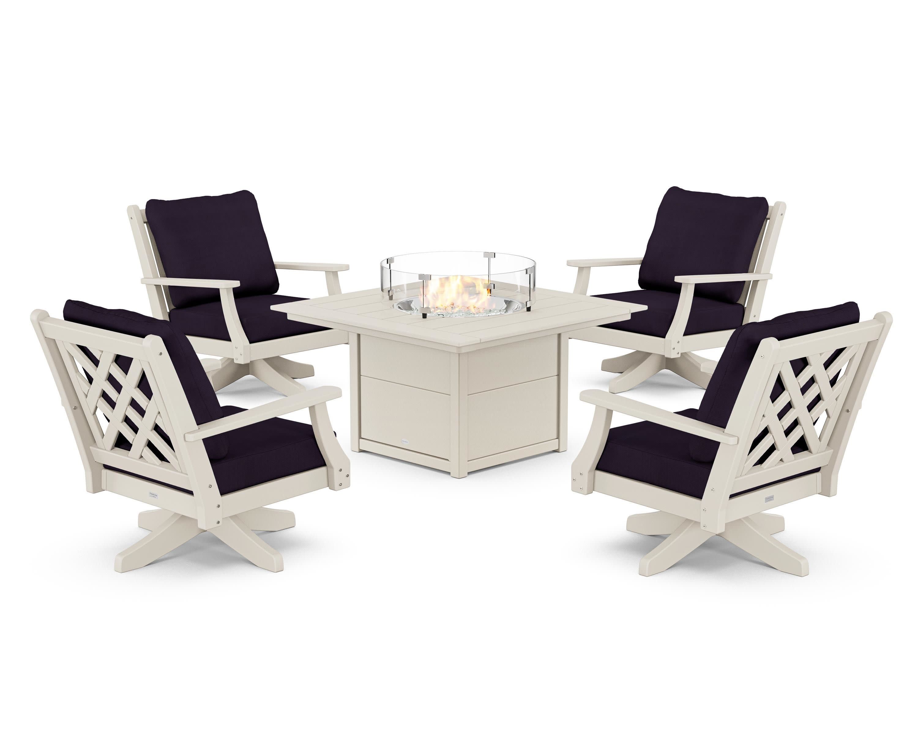 Wovendale 5-Piece Deep Seating Swivel Conversation Set with Fire Pit Table in Sand / Navy Linen