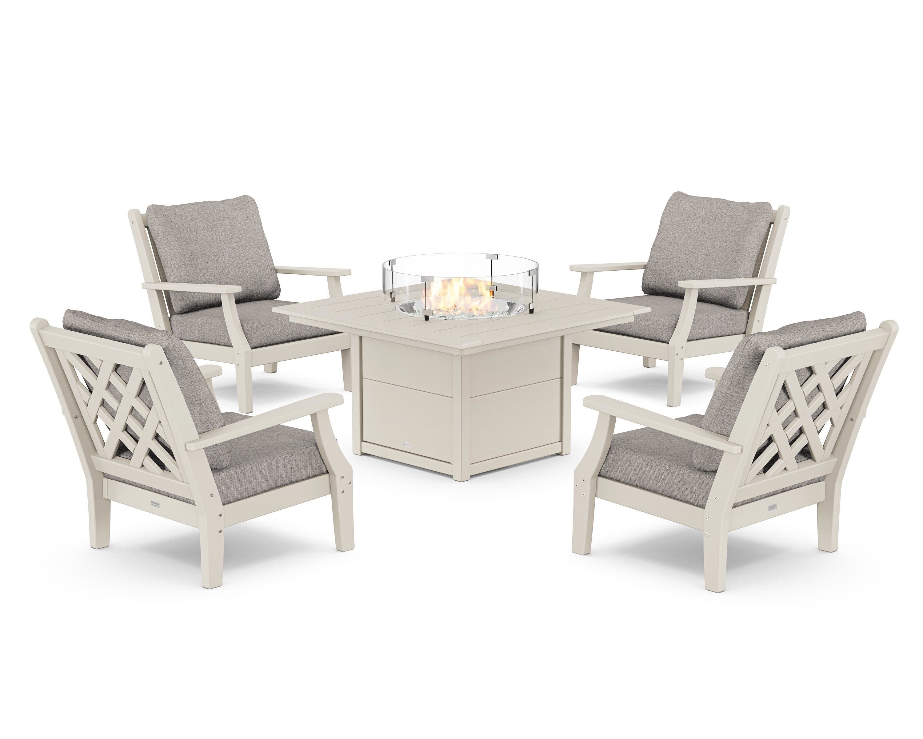 Wovendale 5-Piece Deep Seating Set with Fire Pit Table in Sand / Weathered Tweed
