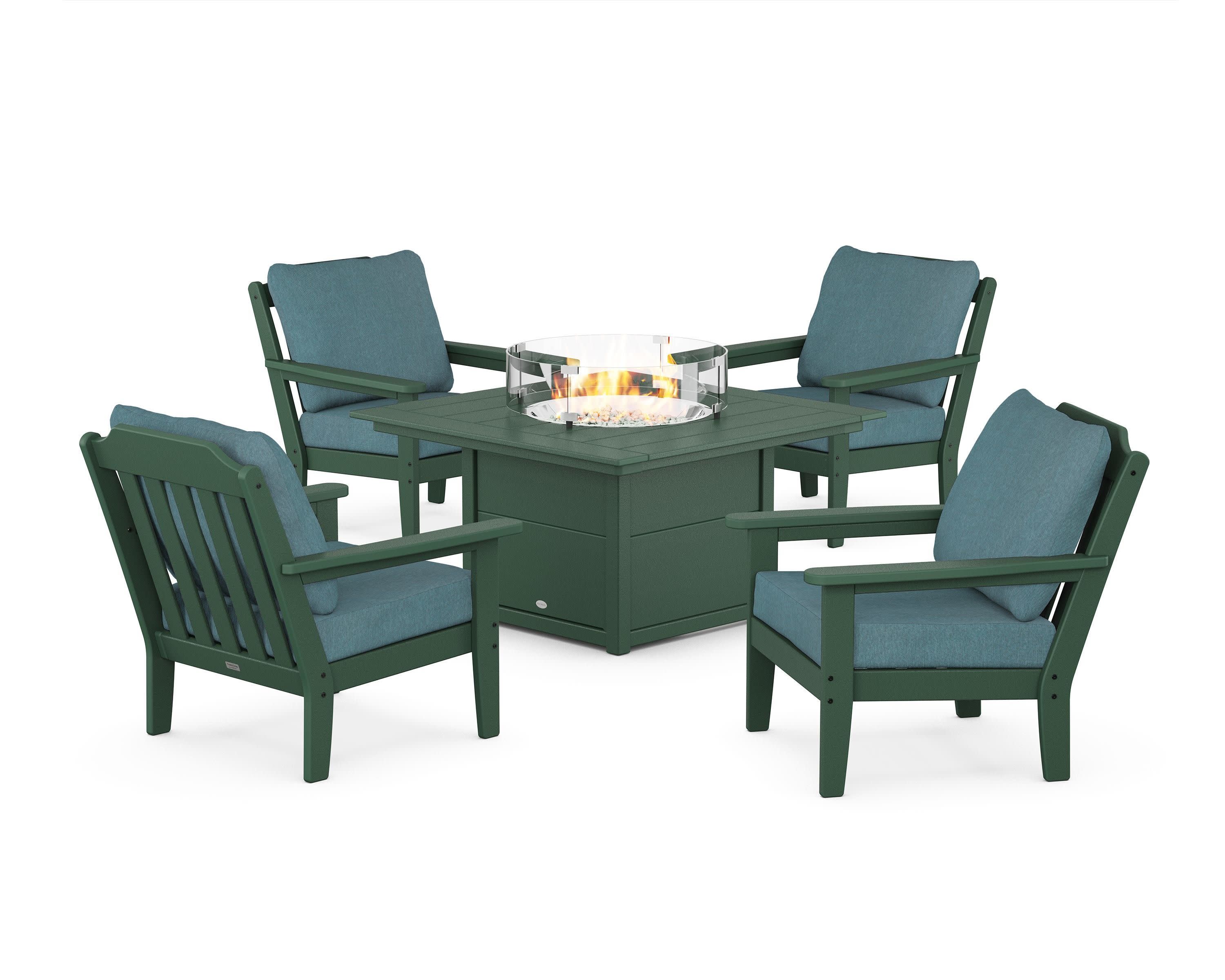 Cottage 5-Piece Deep Seating Set with Fire Pit Table in Green / Ocean Teal