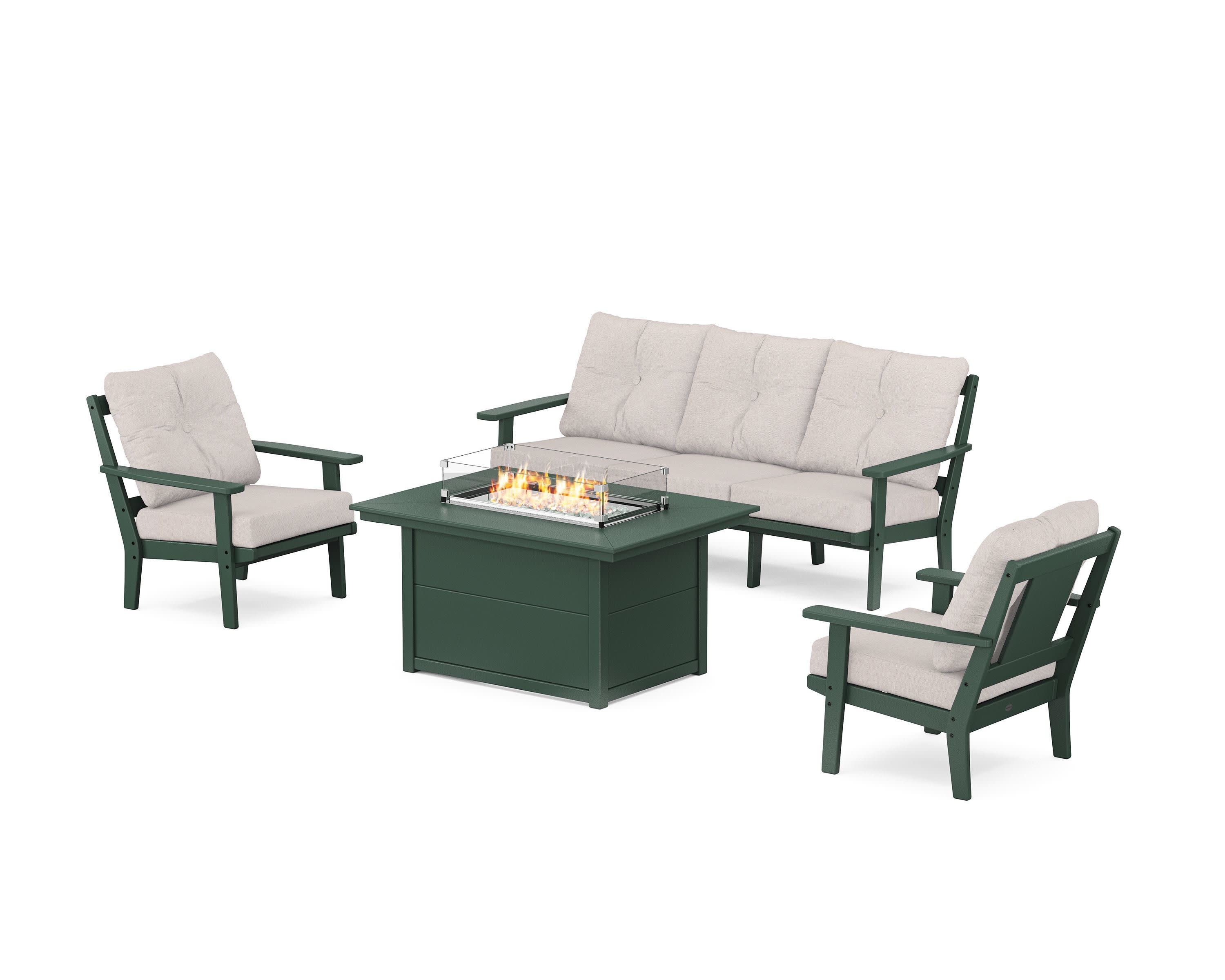 Prairie Deep Seating Fire Pit Table Set in Green / Dune Burlap