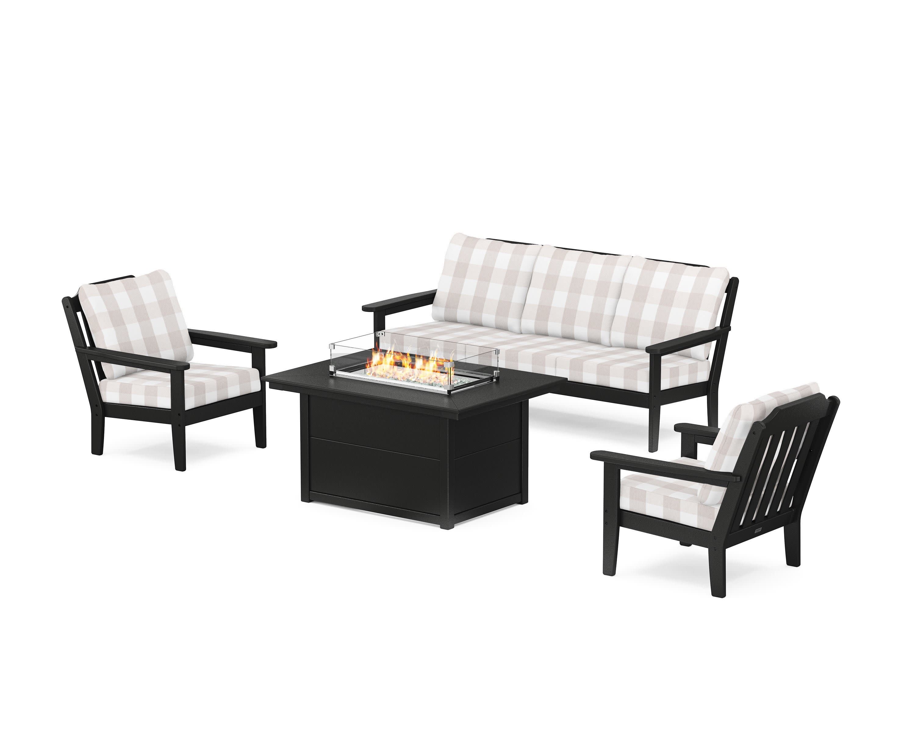 Cottage Deep Seating Fire Pit Table Set in Black / Buffalo Plaid Dune Burlap