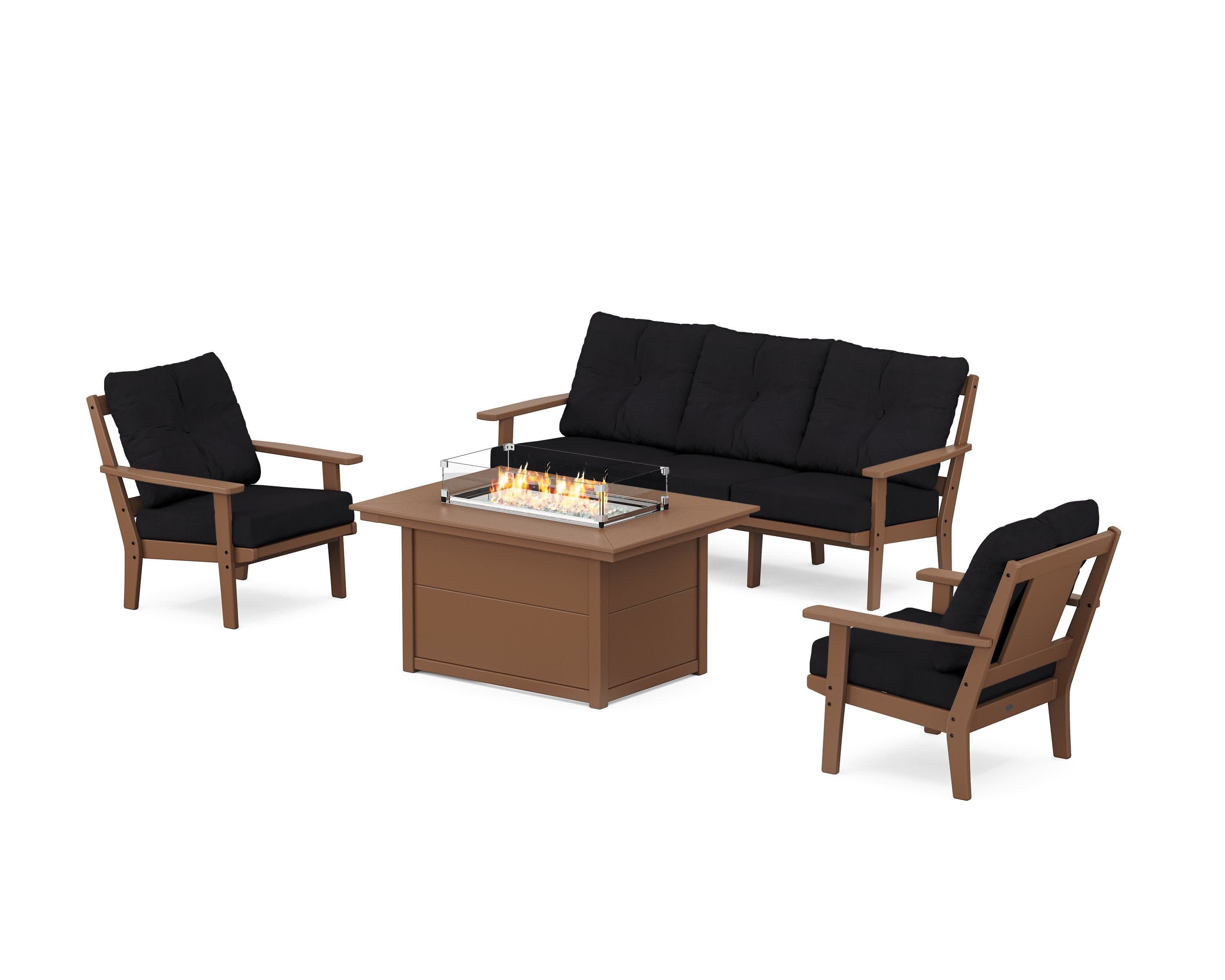 Prairie Deep Seating Fire Pit Table Set in Teak / Midnight Linen