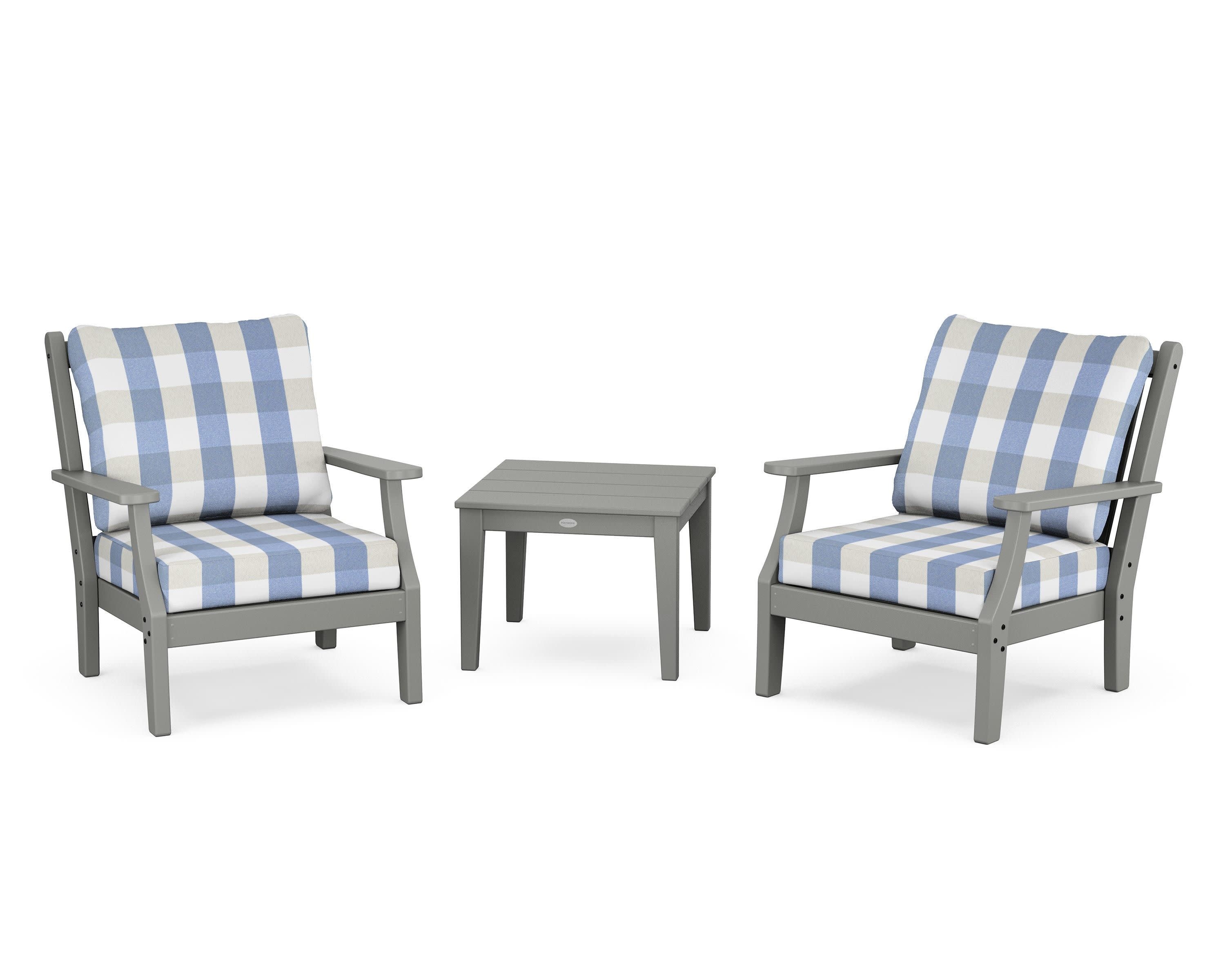 Wovendale 3-Piece Deep Seating Set in Slate Grey / Buffalo Plaid Sky Blue