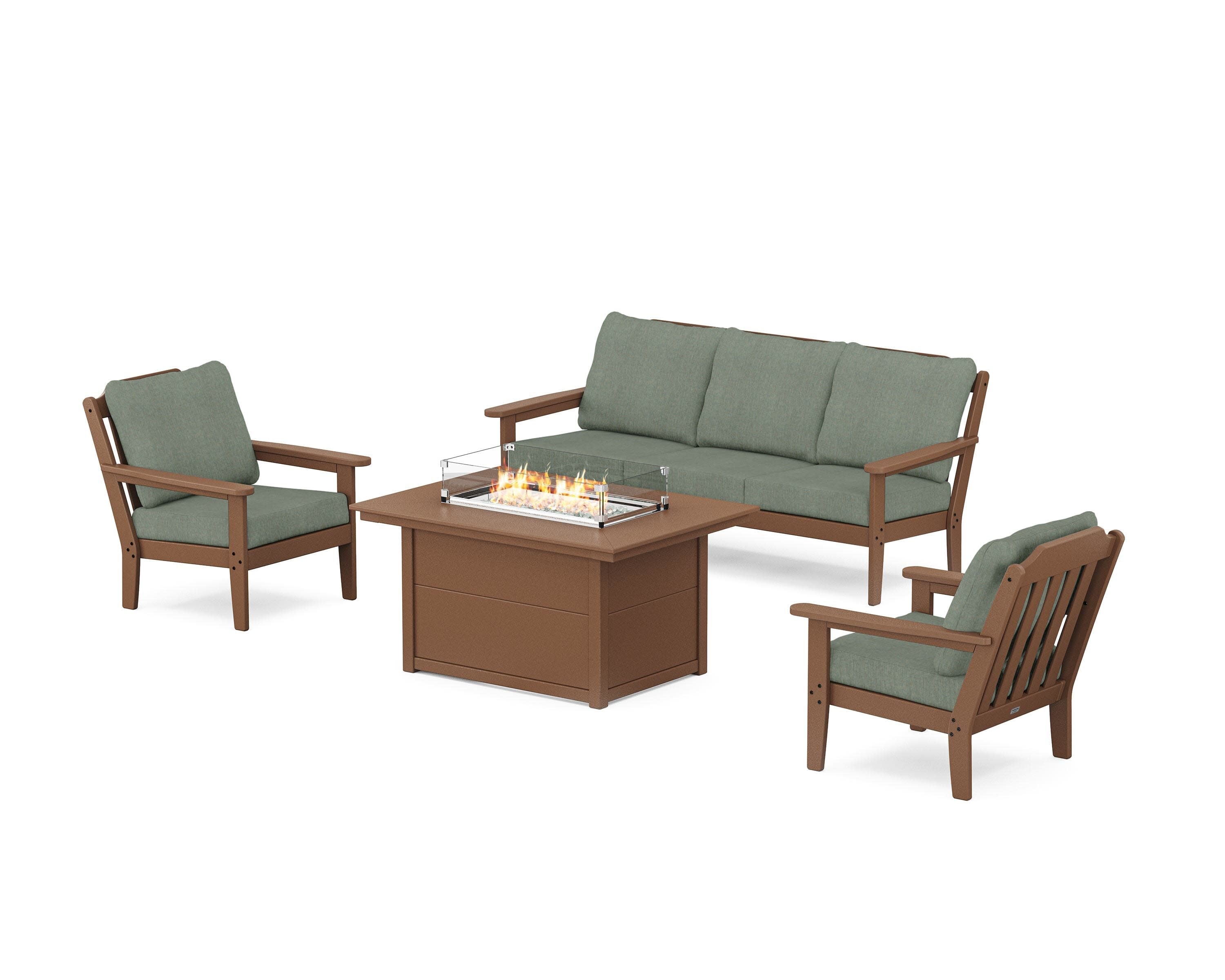 Cottage Deep Seating Fire Pit Table Set in Teak / Cast Sage