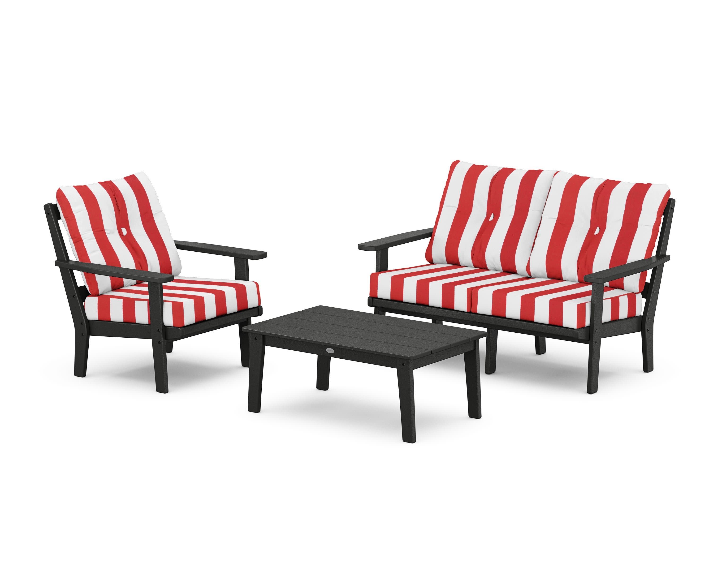 Prairie 3-Piece Deep Seating Set with Loveseat in Black / Cabana Stripe Crimson