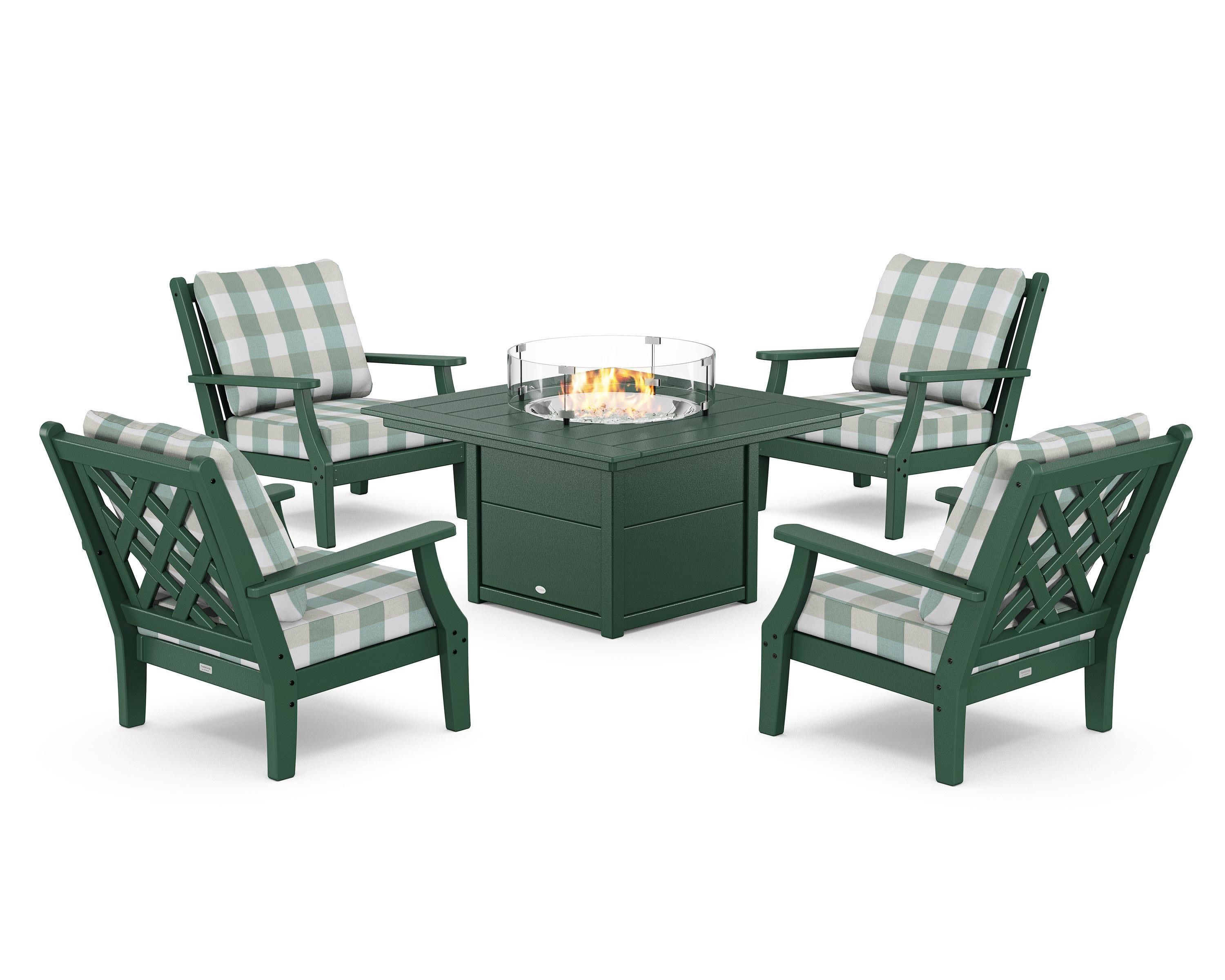 Wovendale 5-Piece Deep Seating Set with Fire Pit Table in Green / Buffalo Plaid Glacier Spa