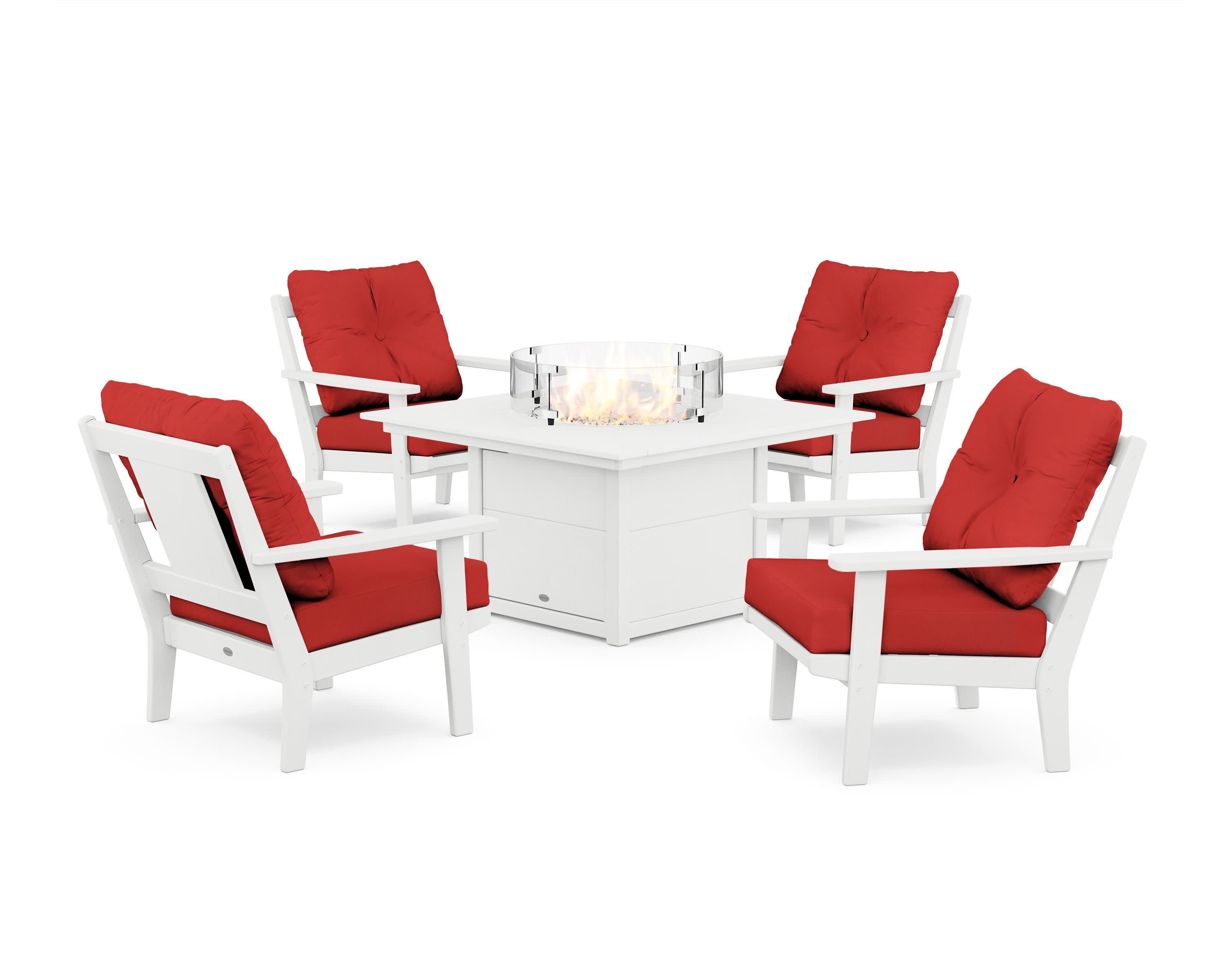 Prairie 5-Piece Deep Seating Set with Fire Pit Table in White / Crimson Linen