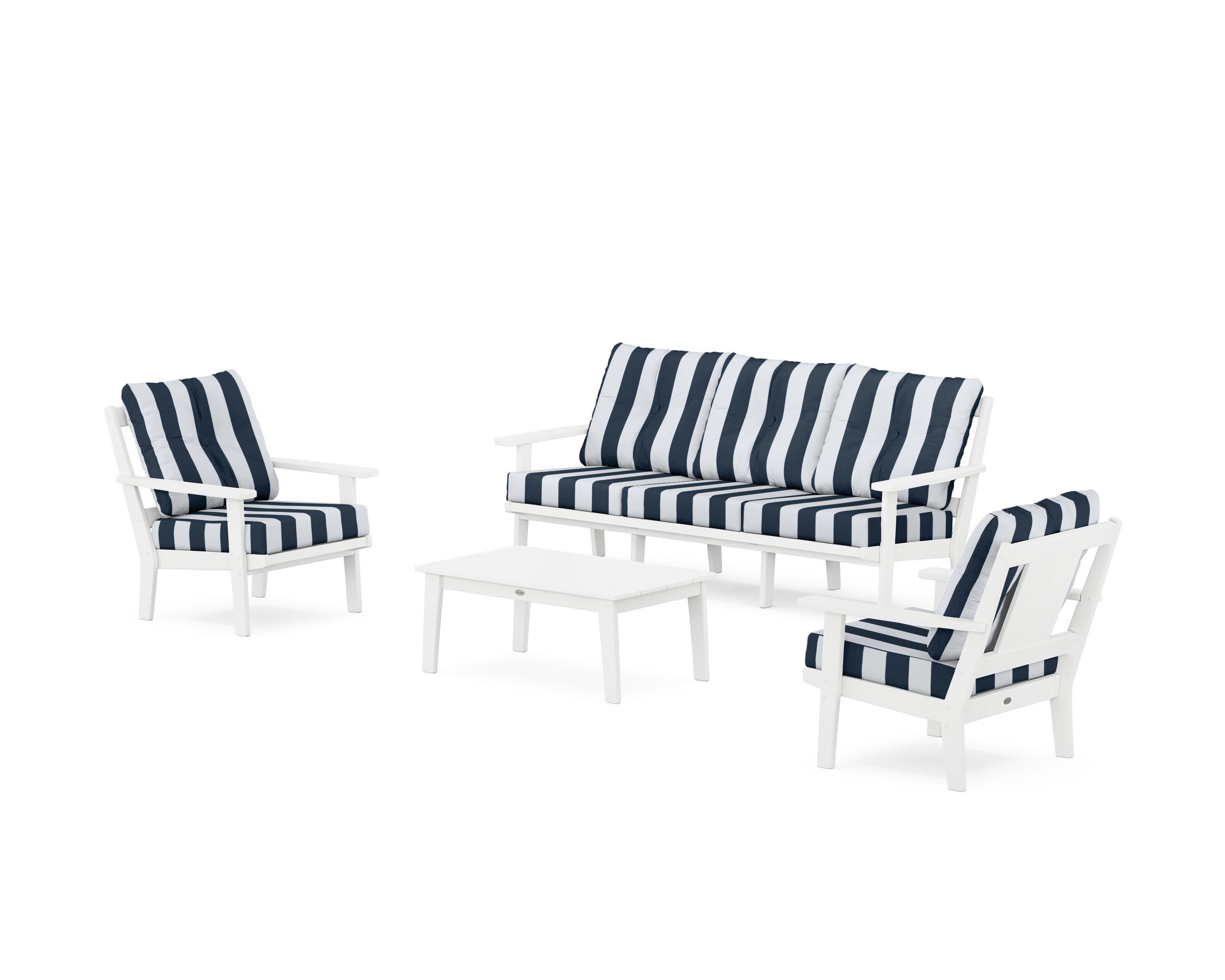 Prairie 4-Piece Deep Seating Set with Sofa in White / Cabana Stripe Marine Indigo