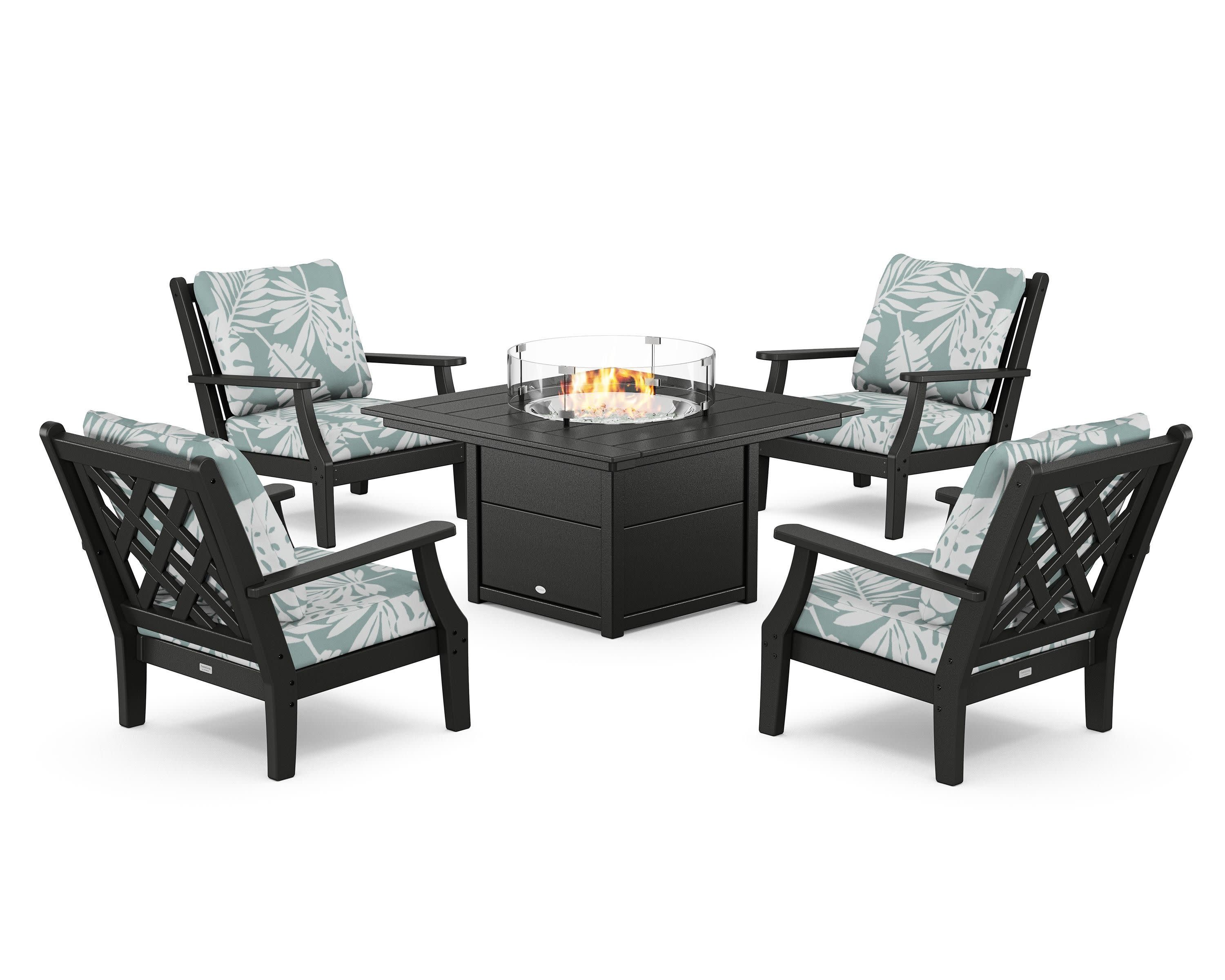 Wovendale 5-Piece Deep Seating Set with Fire Pit Table in Black / Leaf Glacier Spa