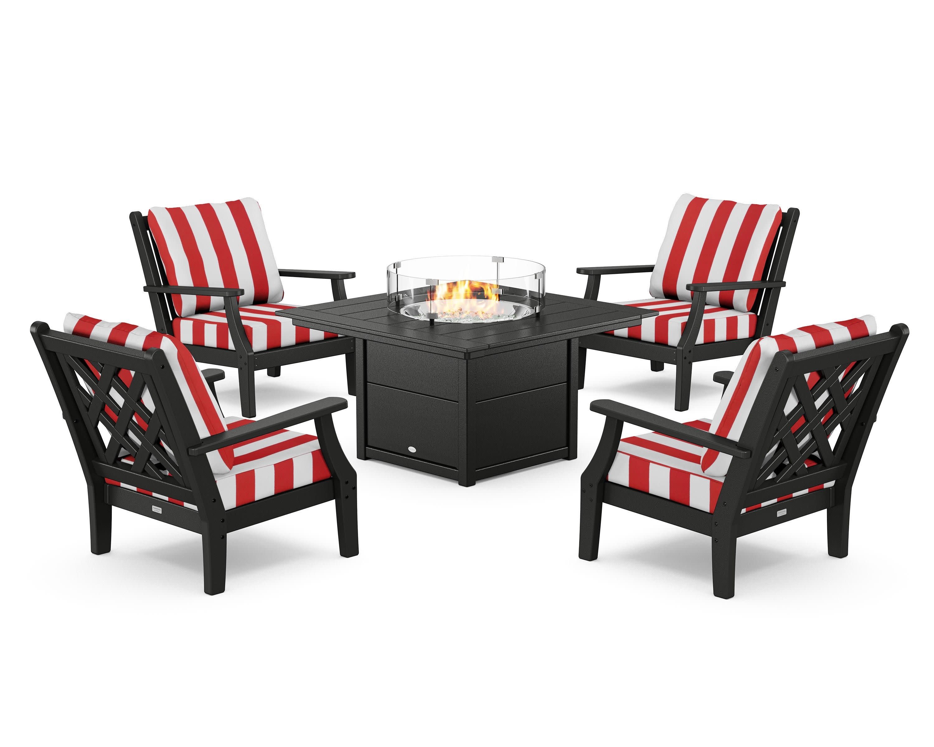 Wovendale 5-Piece Deep Seating Set with Fire Pit Table in Black / Cabana Stripe Crimson