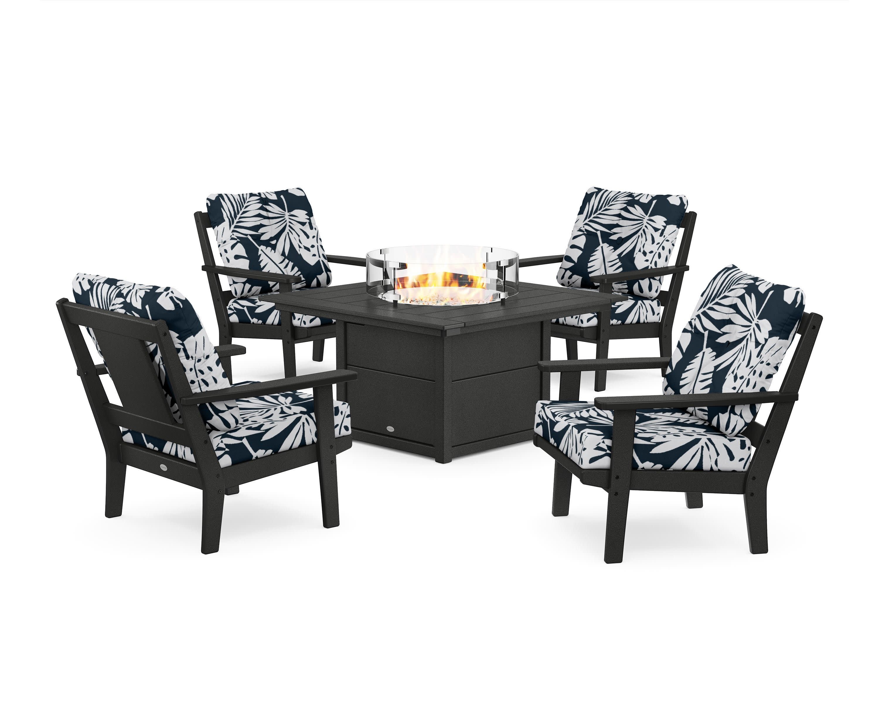 Prairie 5-Piece Deep Seating Set with Fire Pit Table in Black / Leaf Marine Indigo
