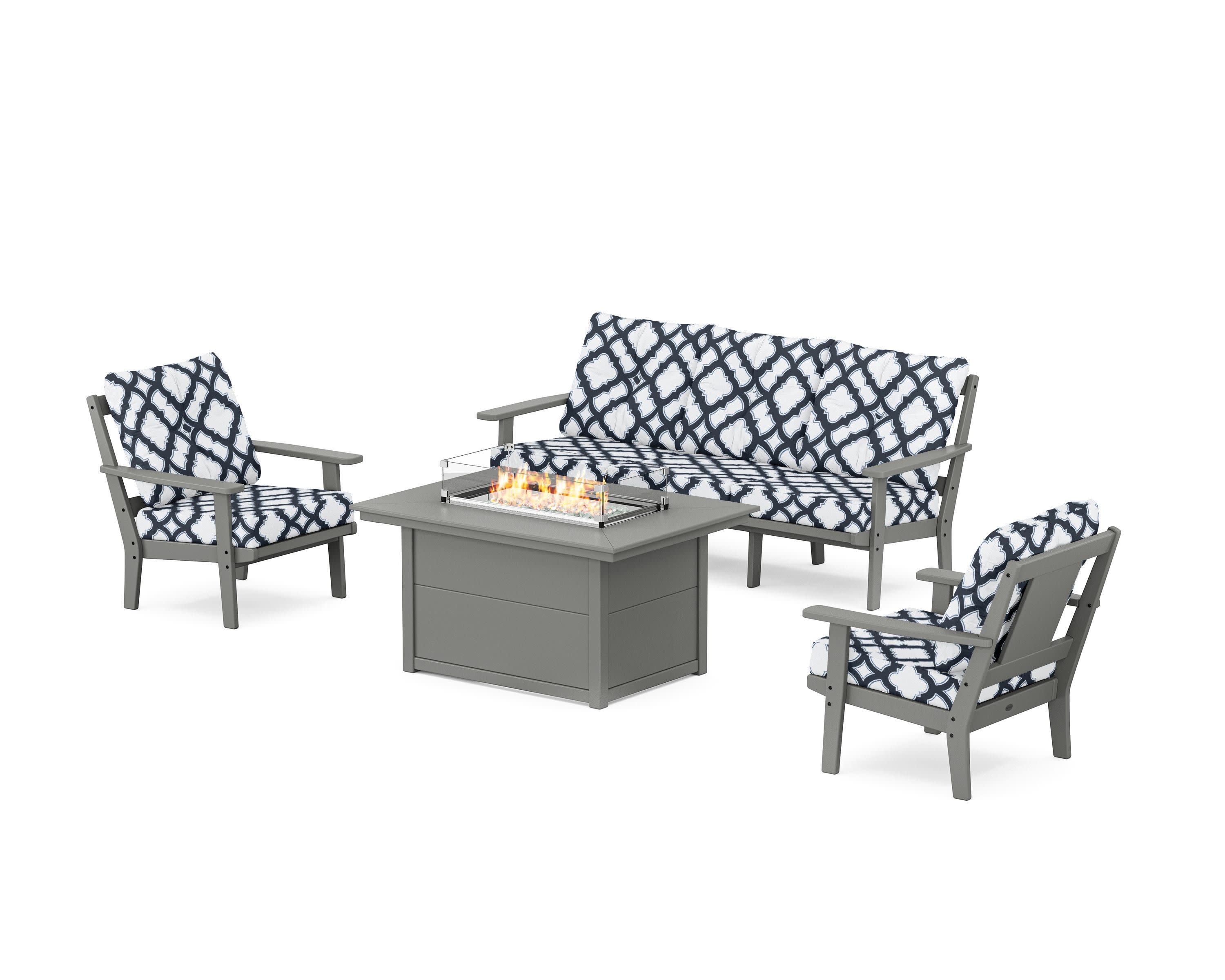 Prairie Deep Seating Fire Pit Table Set in Slate Grey / Trellis Marine Indigo