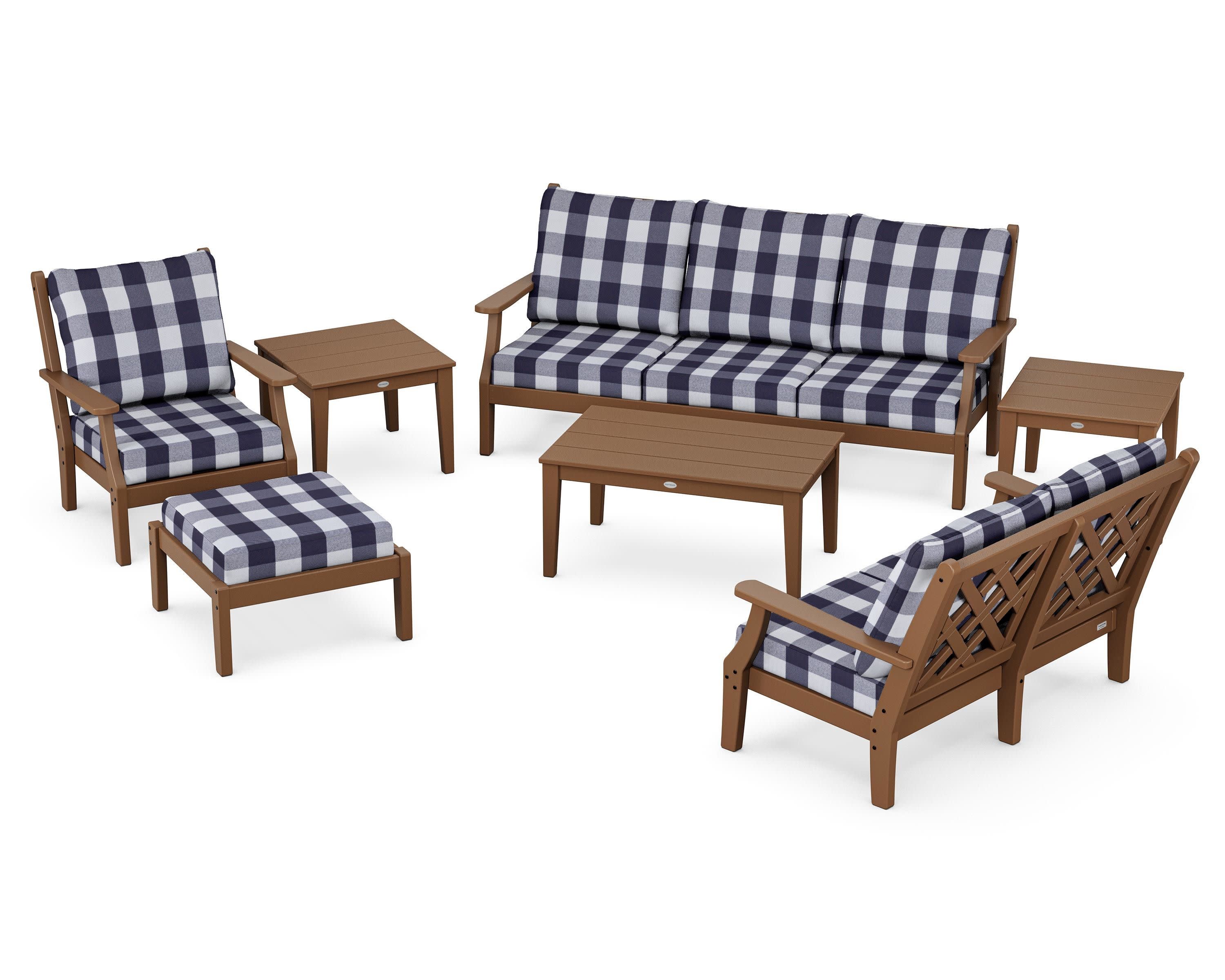 Wovendale 7-Piece Deep Seating Set in Teak / Buffalo Plaid Navy