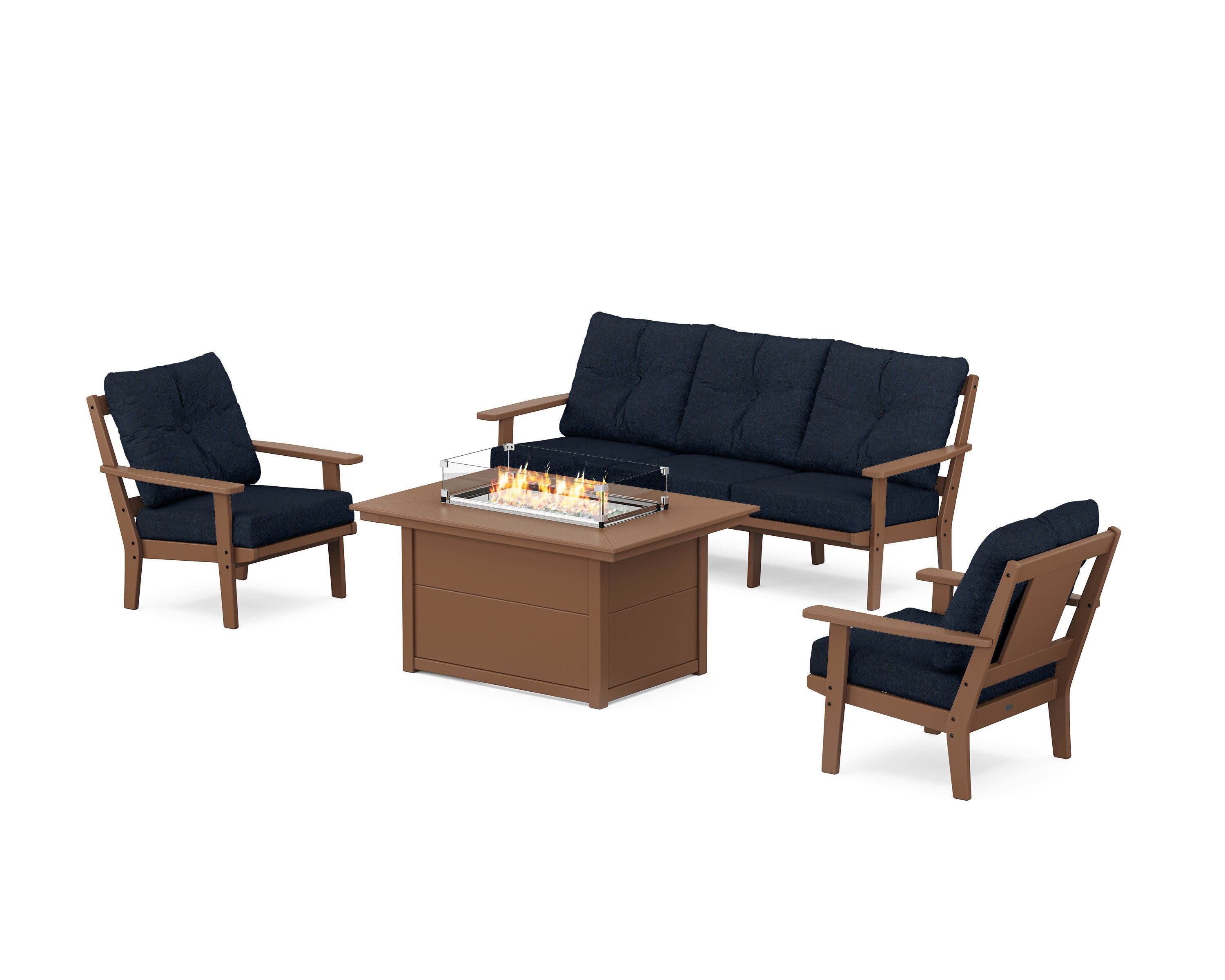 Prairie Deep Seating Fire Pit Table Set in Teak / Marine Indigo