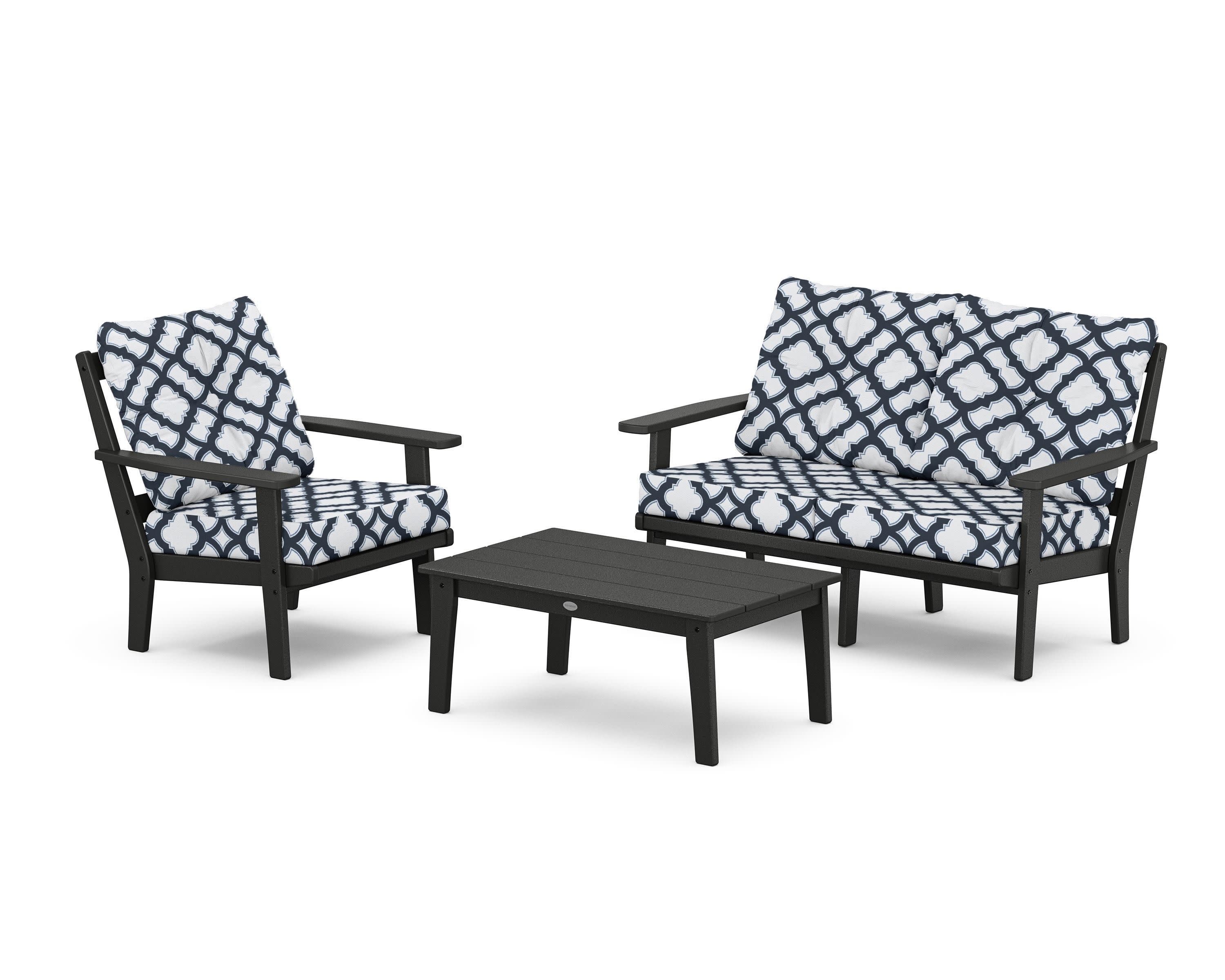 Prairie 3-Piece Deep Seating Set with Loveseat in Black / Trellis Marine Indigo