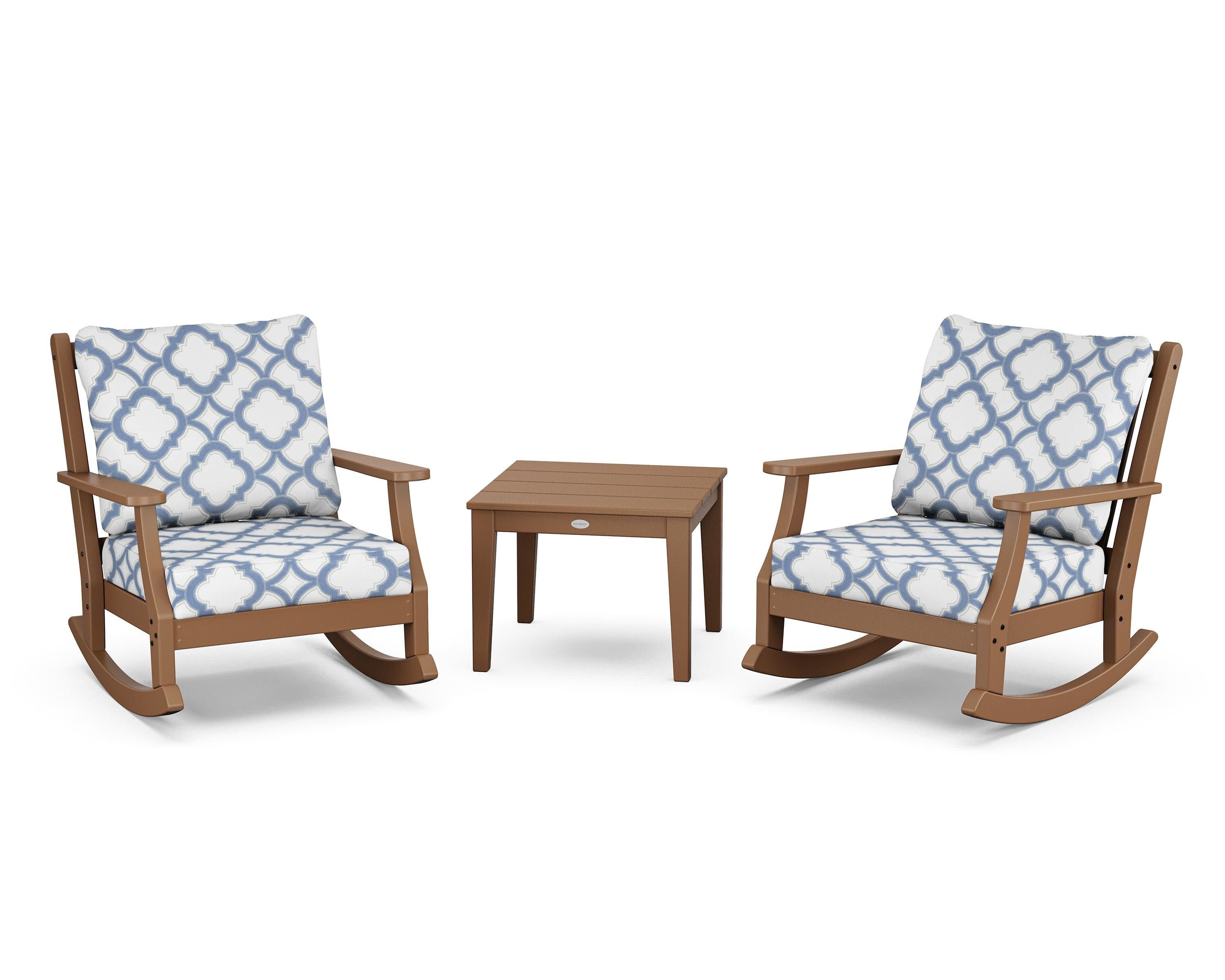Wovendale 3-Piece Deep Seating Rocker Set in Teak / Trellis Sky Blue