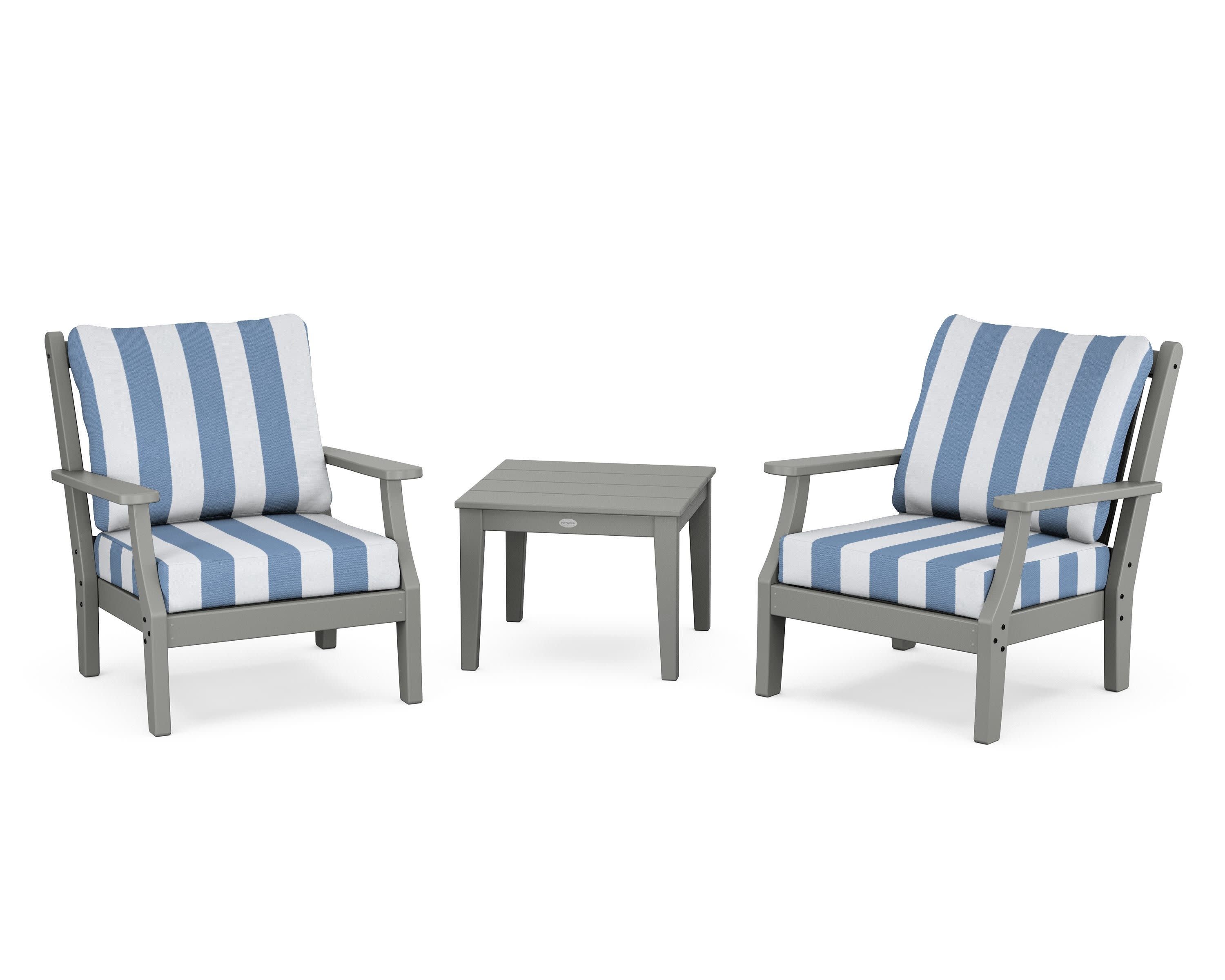 Wovendale 3-Piece Deep Seating Set in Slate Grey / Cabana Stripe Sky Blue