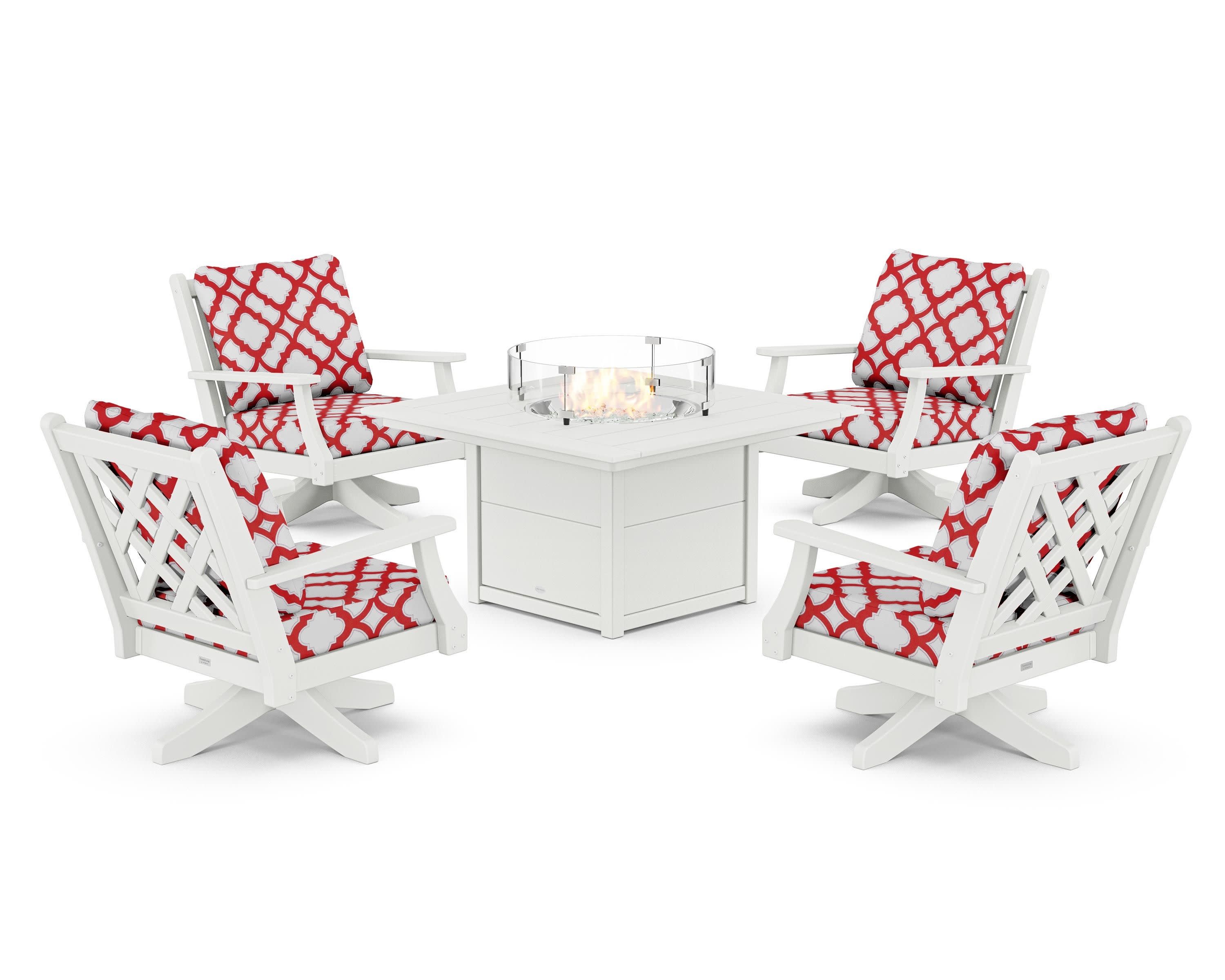 Wovendale 5-Piece Deep Seating Swivel Conversation Set with Fire Pit Table in White / Trellis Crimson