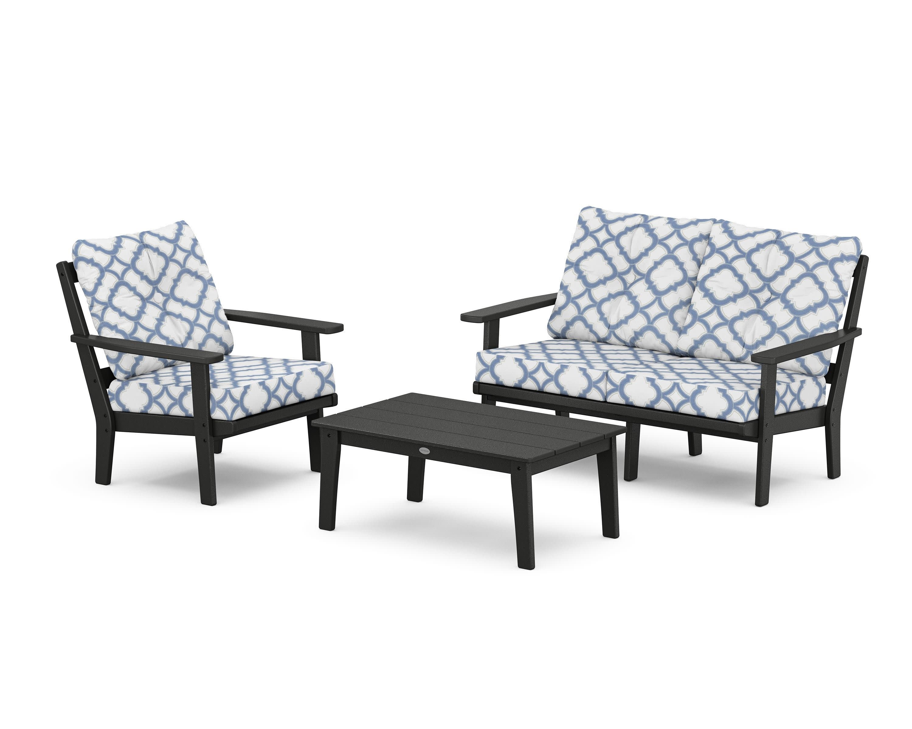 Prairie 3-Piece Deep Seating Set with Loveseat in Black / Trellis Sky Blue