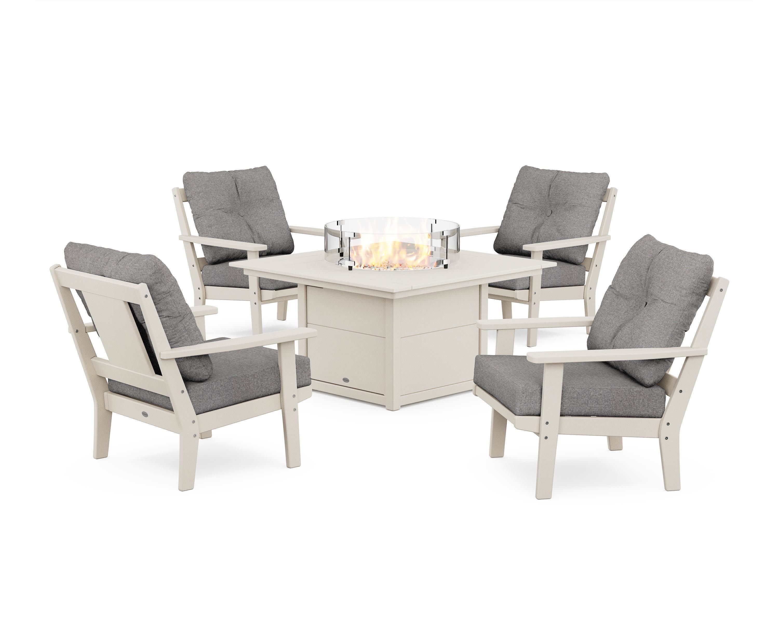 Prairie 5-Piece Deep Seating Set with Fire Pit Table in Sand / Grey Mist