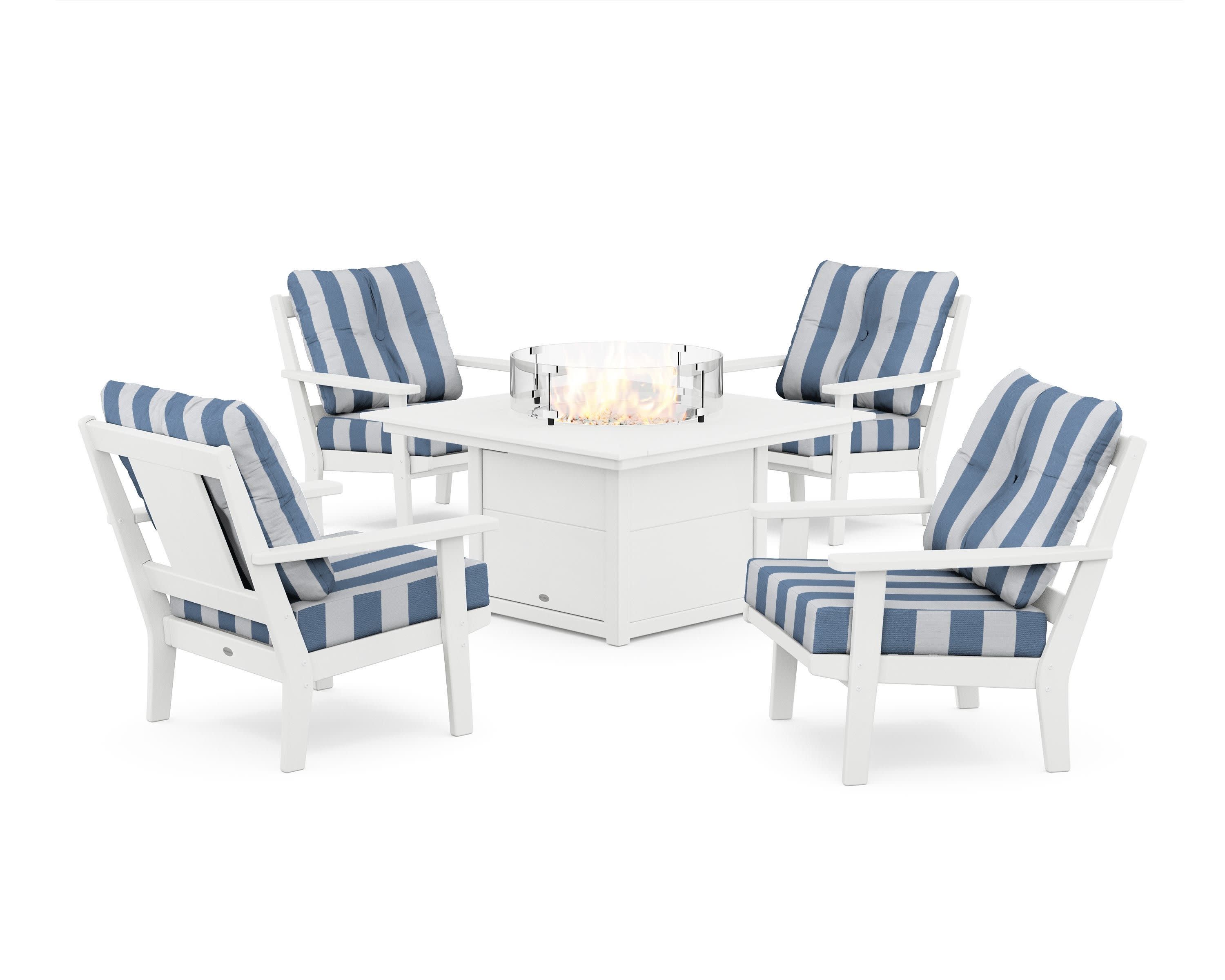 Prairie 5-Piece Deep Seating Set with Fire Pit Table in White / Cabana Stripe Sky Blue