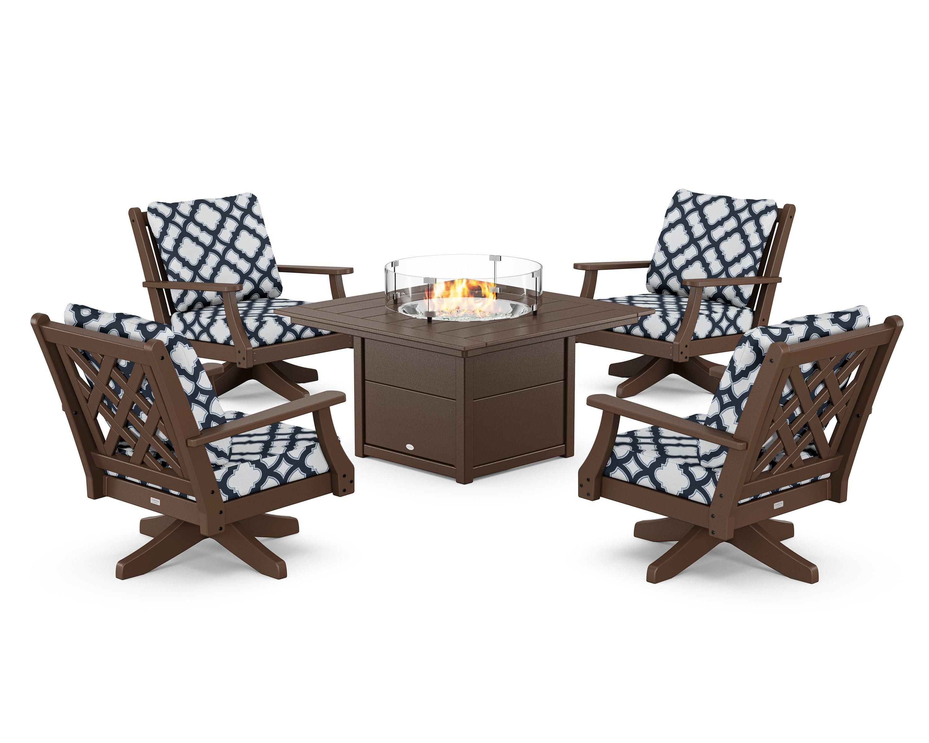 Wovendale 5-Piece Deep Seating Swivel Conversation Set with Fire Pit Table in Mahogany / Trellis Marine Indigo