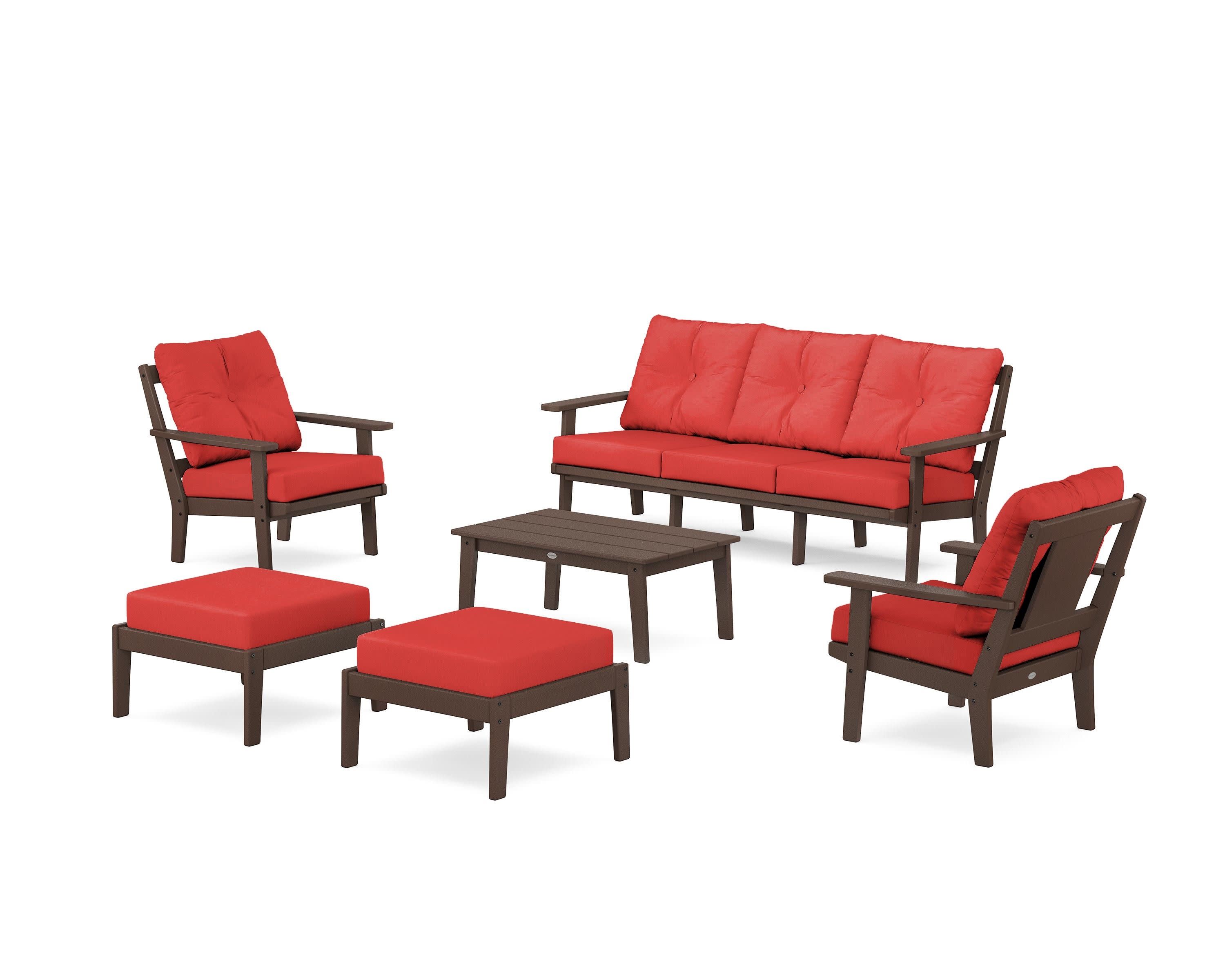 Prairie 6-Piece Lounge Sofa Set in Mahogany / Crimson Linen