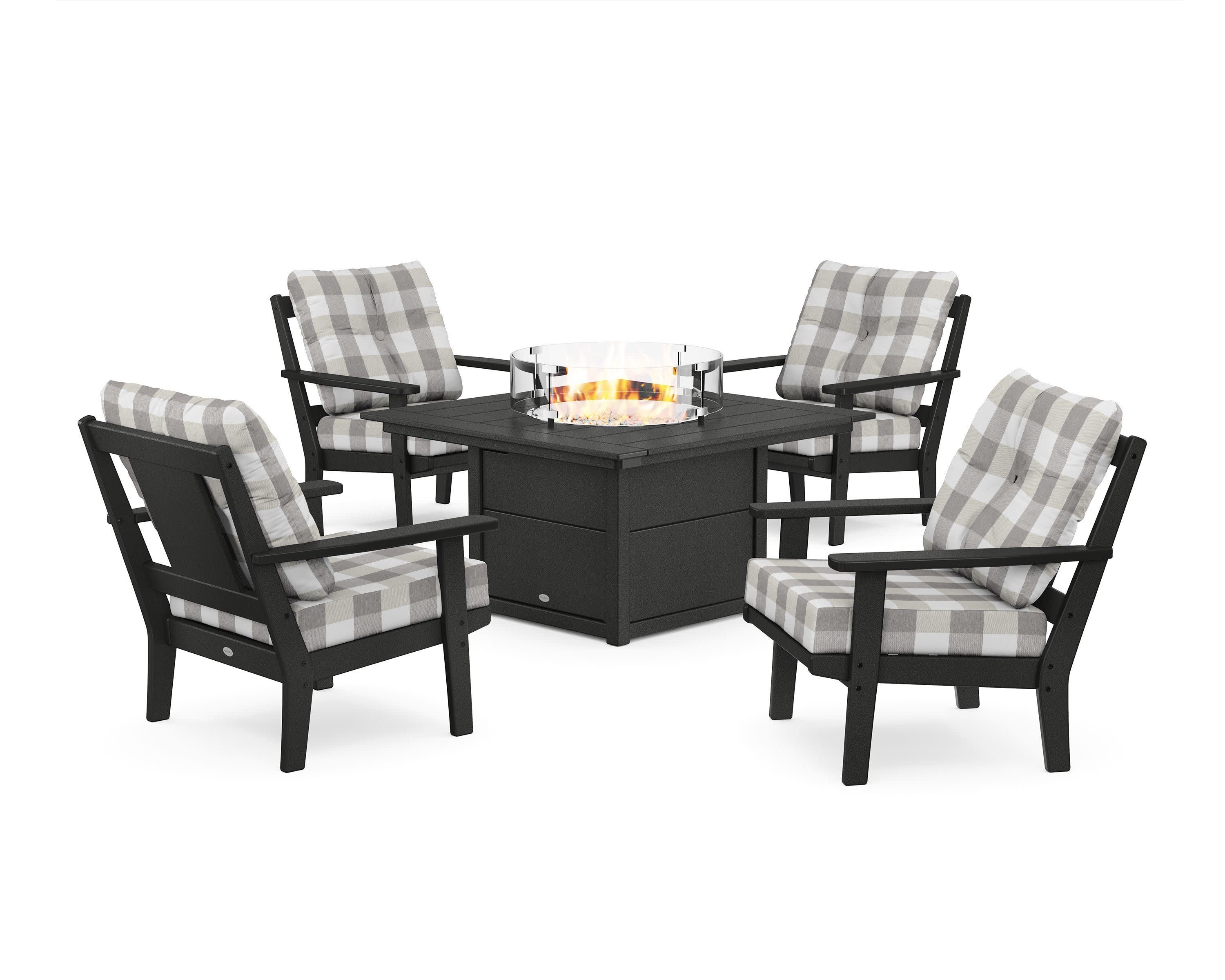 Prairie 5-Piece Deep Seating Set with Fire Pit Table in Black / Buffalo Plaid Grey Mist