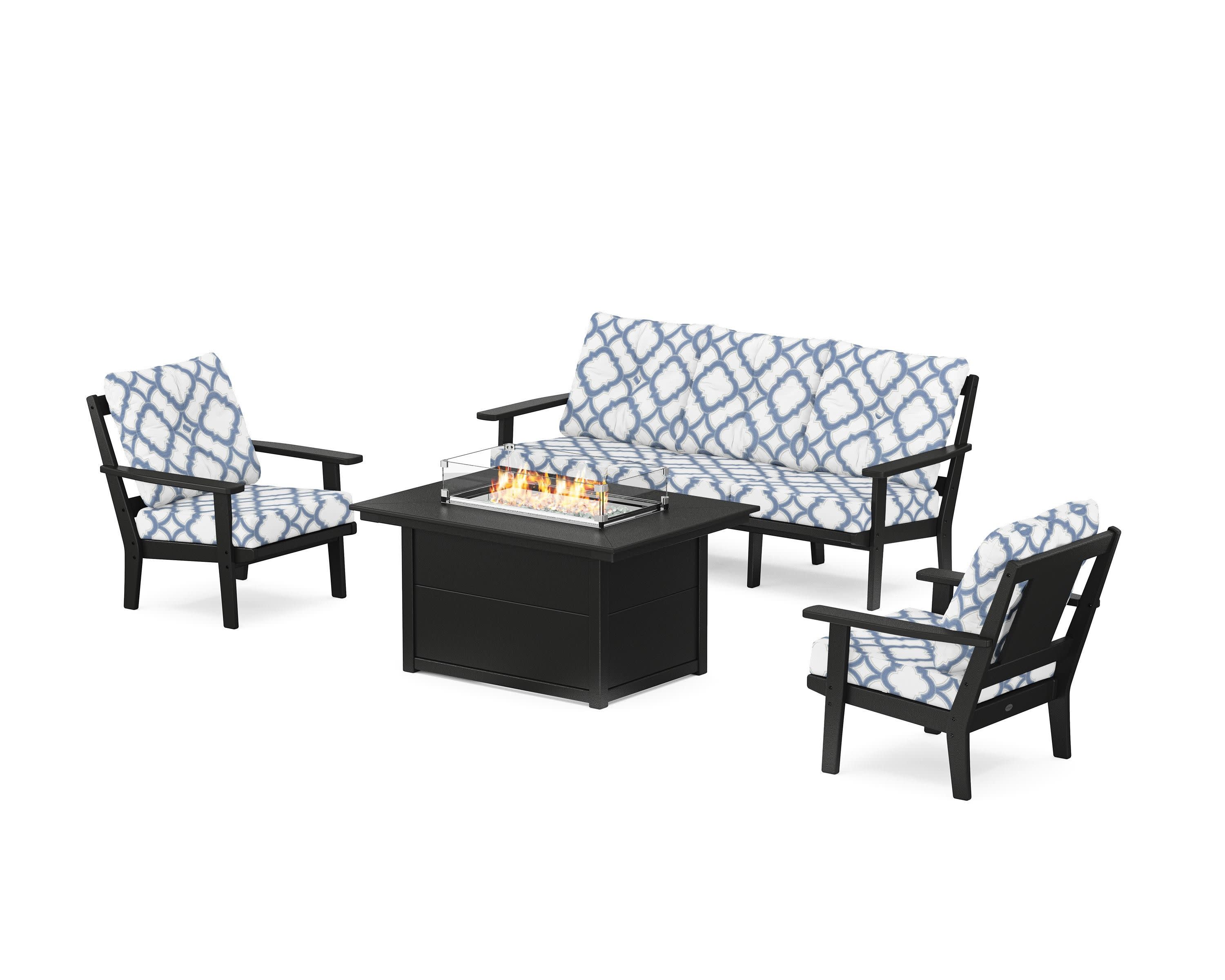 Prairie Deep Seating Fire Pit Table Set in Black / Trellis Sky Blue