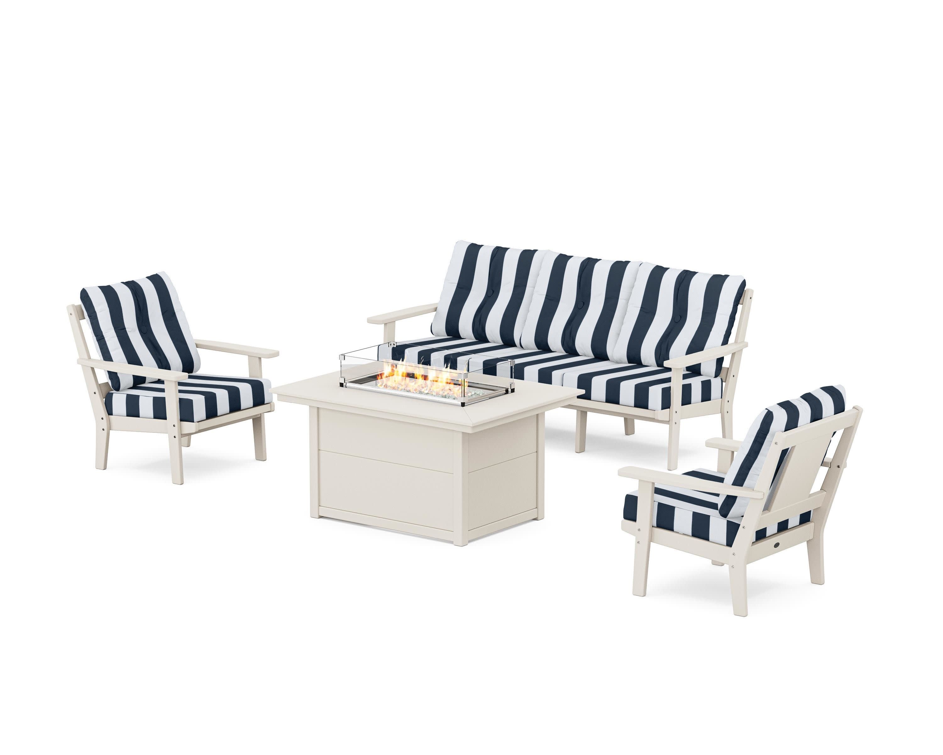 Prairie Deep Seating Fire Pit Table Set in Sand / Cabana Stripe Marine Indigo