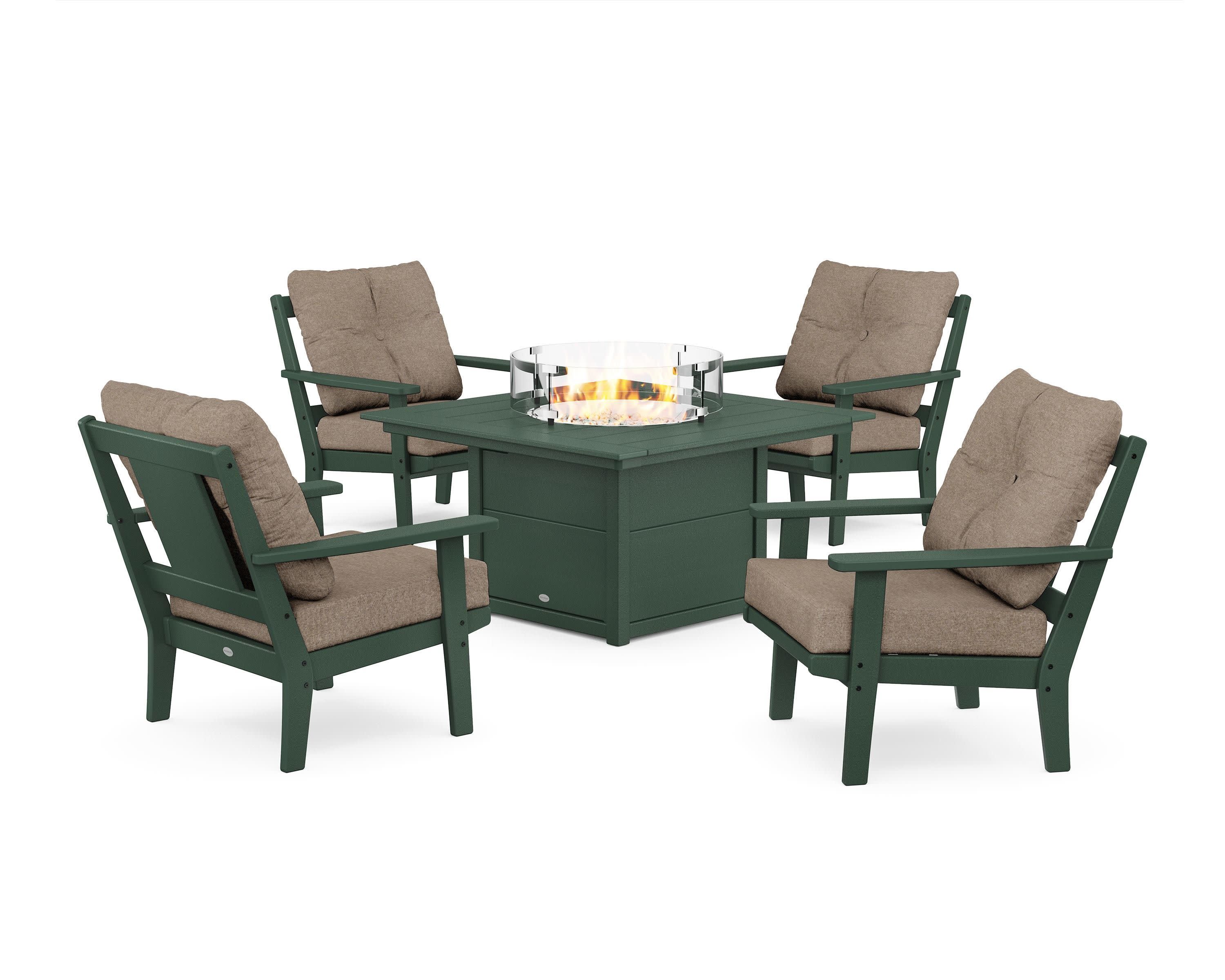 Prairie 5-Piece Deep Seating Set with Fire Pit Table in Green / Spiced Burlap