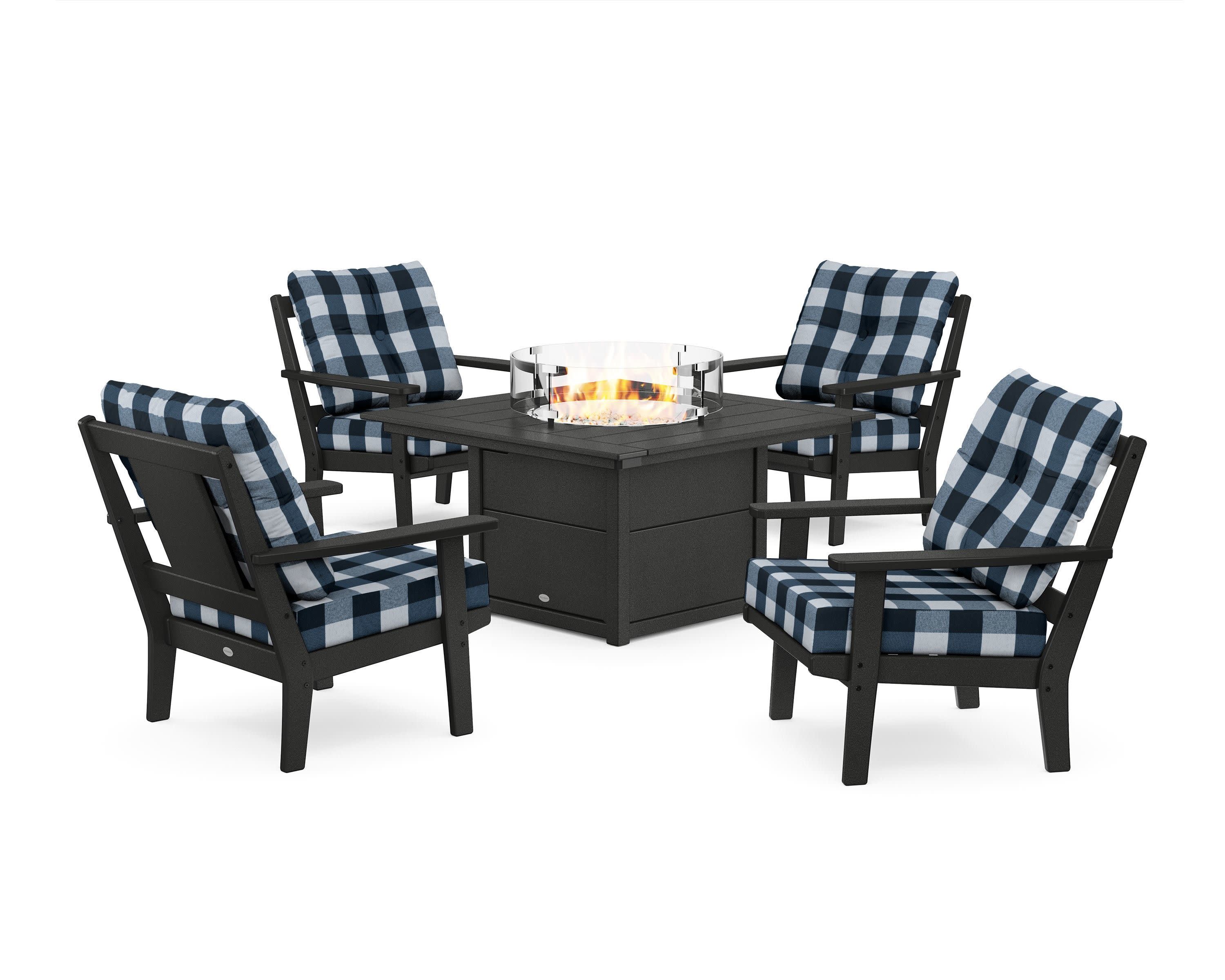 Prairie 5-Piece Deep Seating Set with Fire Pit Table in Black / Buffalo Plaid Marine Indigo