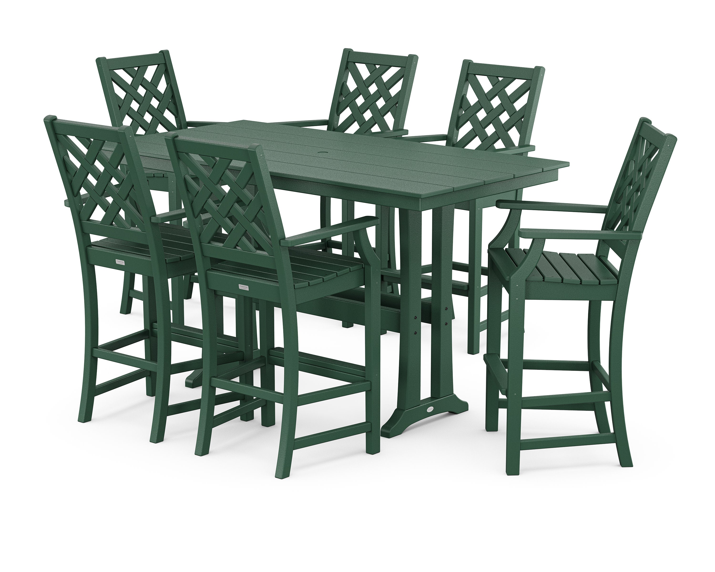 Wovendale Arm Chair 7-Piece Farmhouse Bar Set with Trestle Legs in Green