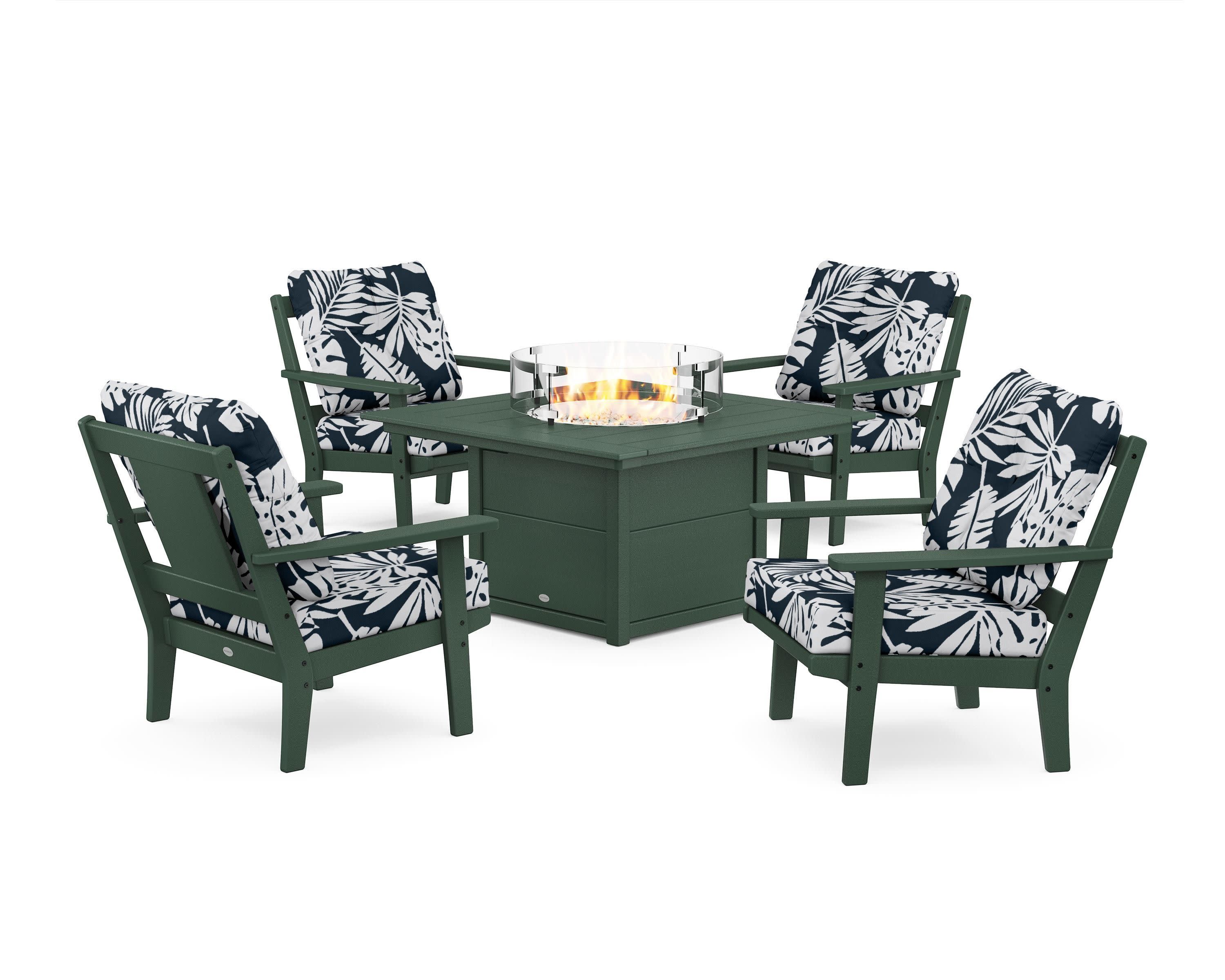 Prairie 5-Piece Deep Seating Set with Fire Pit Table in Green / Leaf Marine Indigo