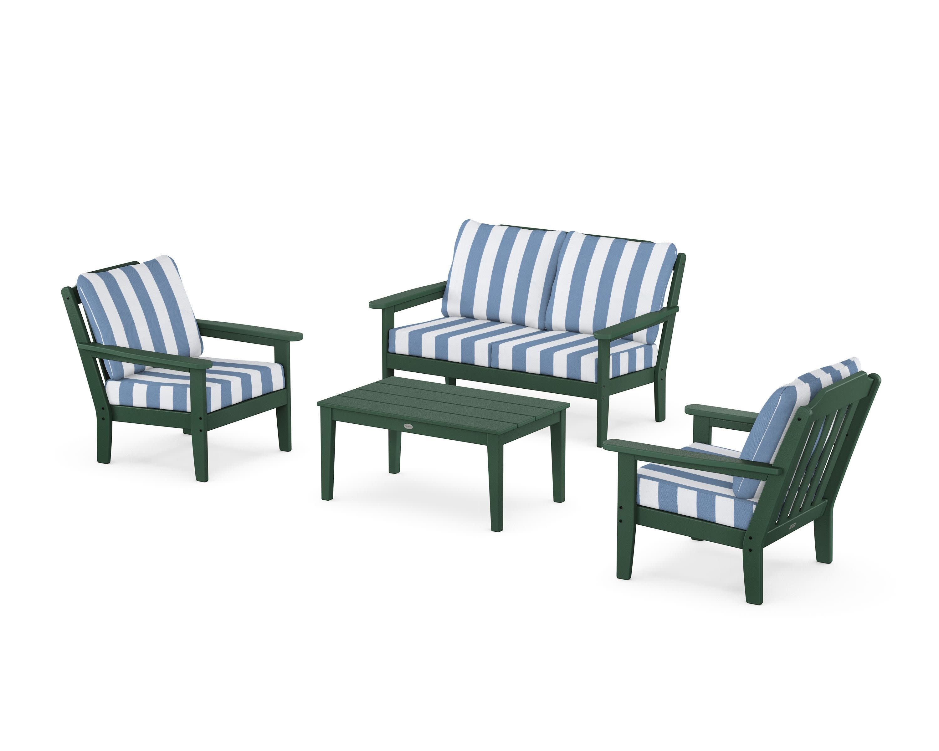 Cottage 4-Piece Deep Seating Set with Loveseat in Green / Cabana Stripe Sky Blue