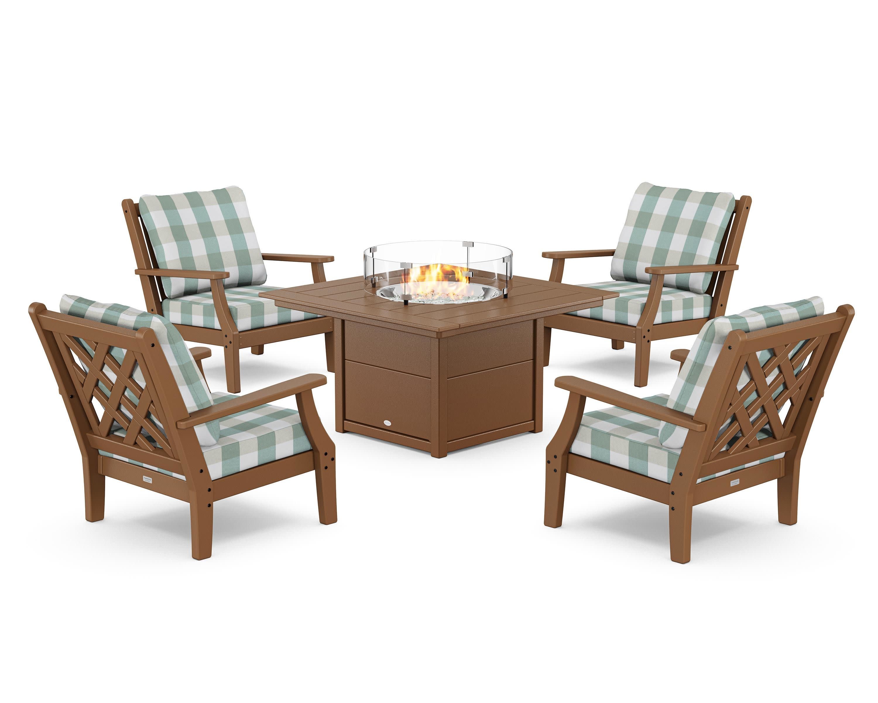 Wovendale 5-Piece Deep Seating Set with Fire Pit Table in Teak / Buffalo Plaid Glacier Spa