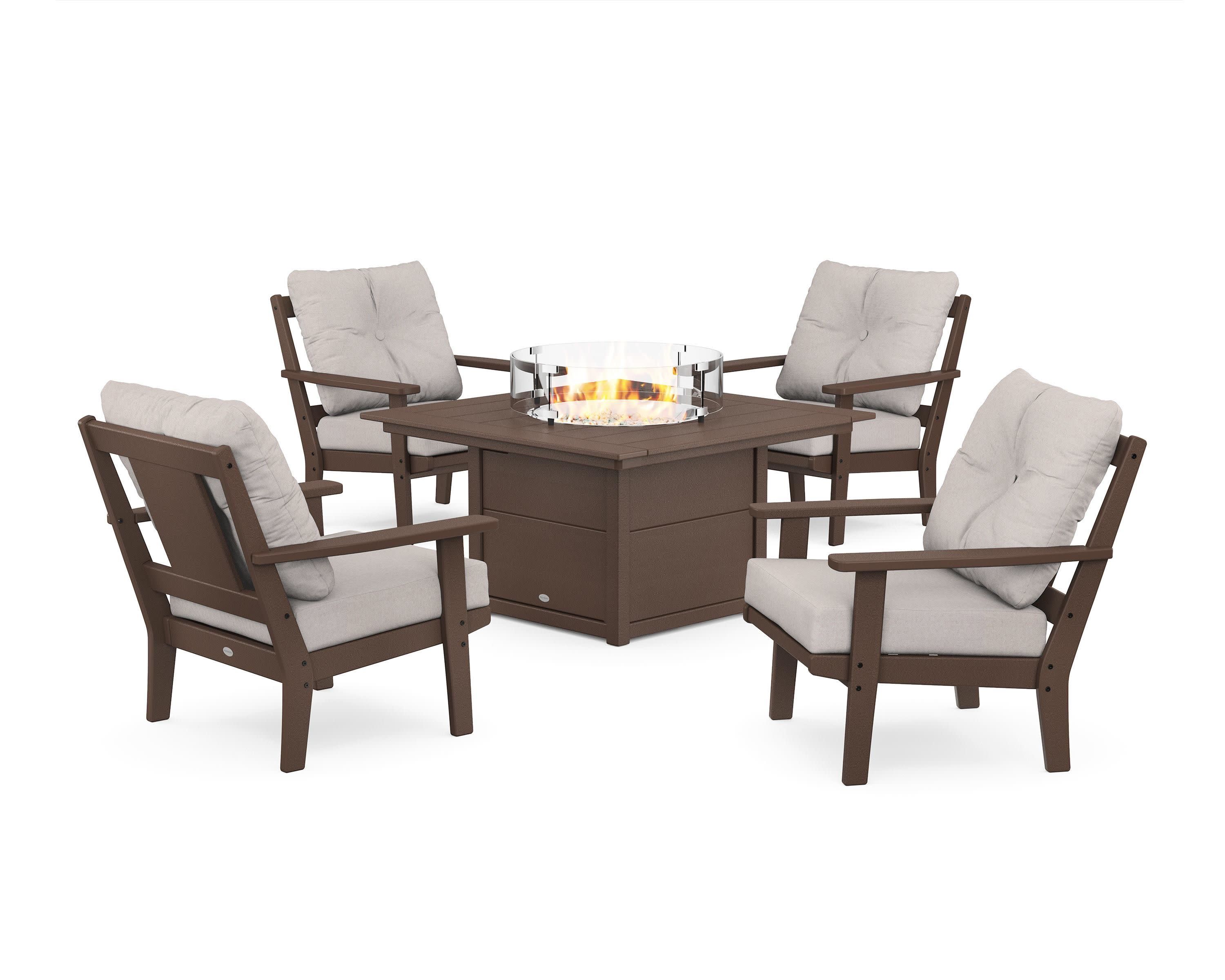 Prairie 5-Piece Deep Seating Set with Fire Pit Table in Mahogany / Dune Burlap