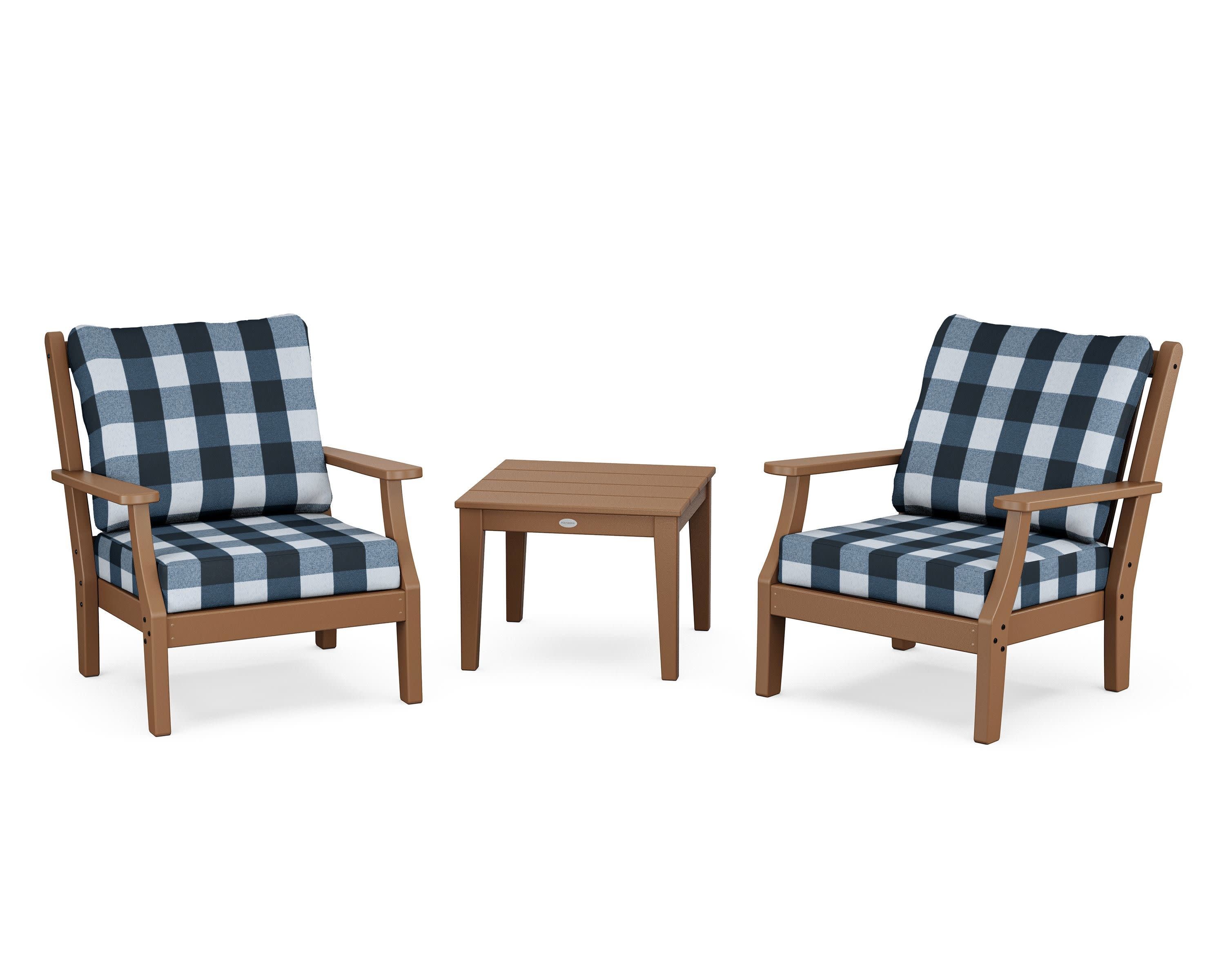 Wovendale 3-Piece Deep Seating Set in Teak / Buffalo Plaid Marine Indigo