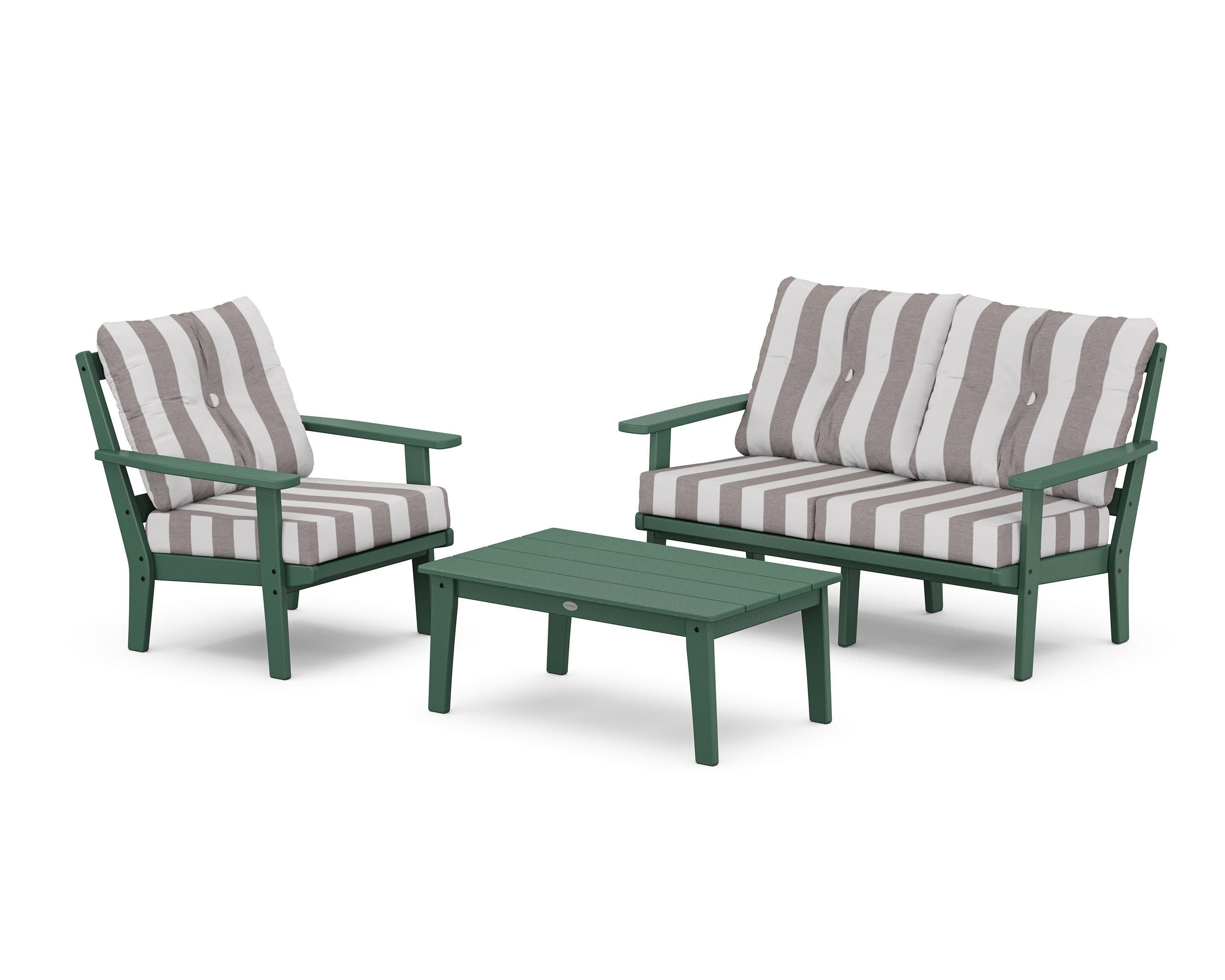 Prairie 3-Piece Deep Seating Set with Loveseat in Green / Cabana Stripe Grey Mist