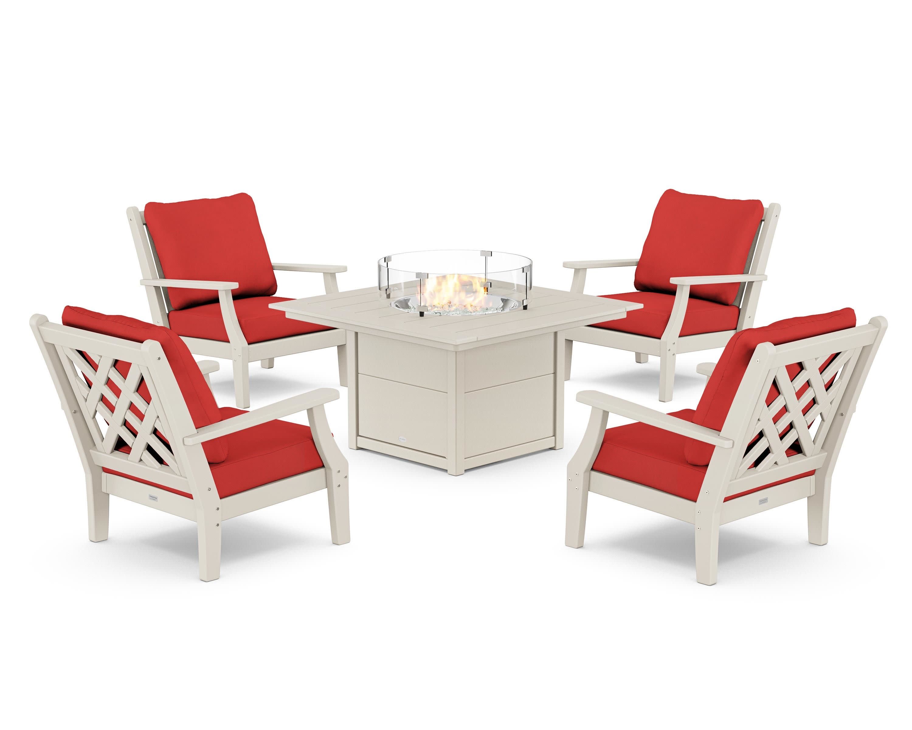 Wovendale 5-Piece Deep Seating Set with Fire Pit Table in Sand / Crimson Linen