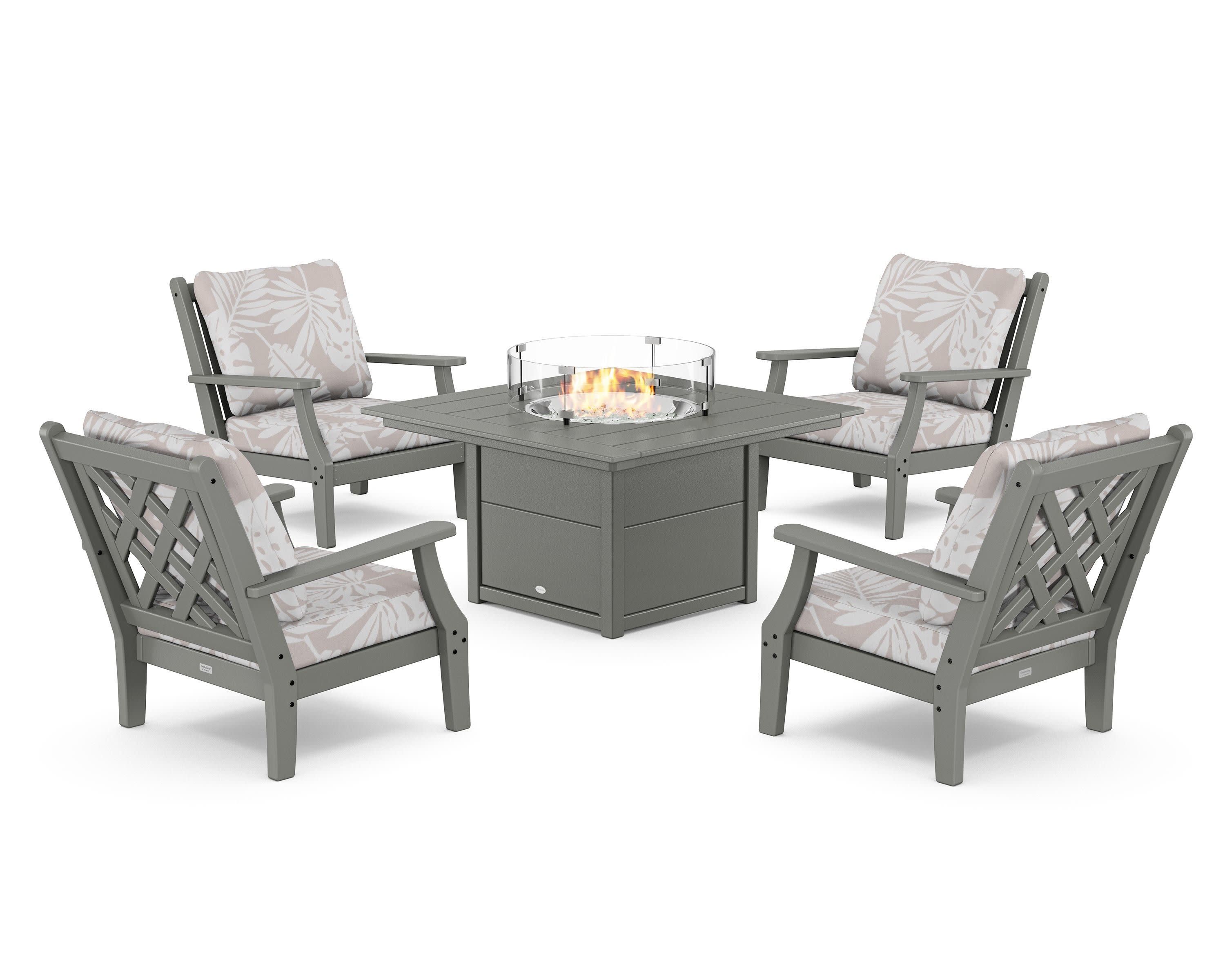 Wovendale 5-Piece Deep Seating Set with Fire Pit Table in Slate Grey / Leaf Dune Burlap