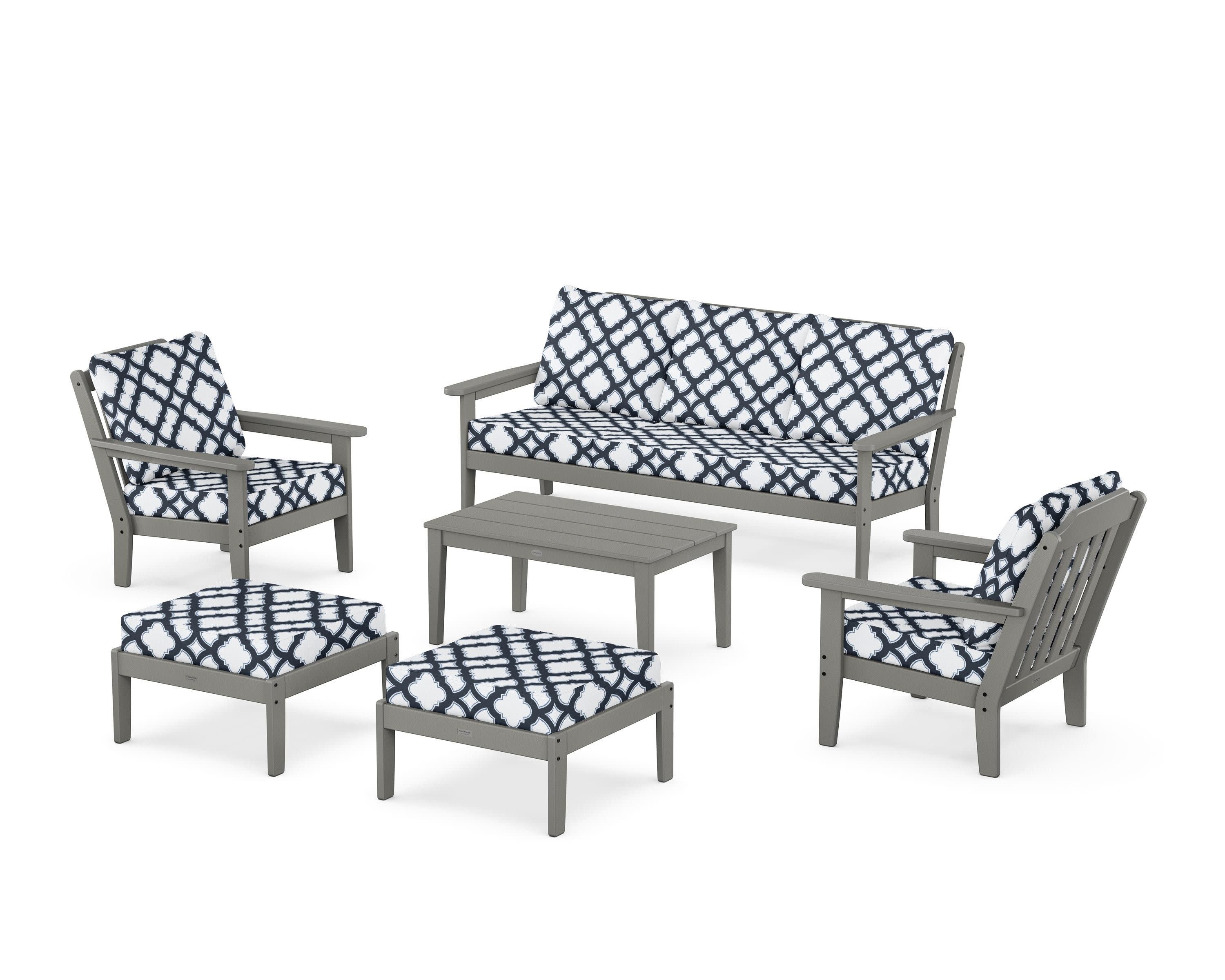 Cottage 6-Piece Lounge Sofa Set in Slate Grey / Trellis Marine Indigo