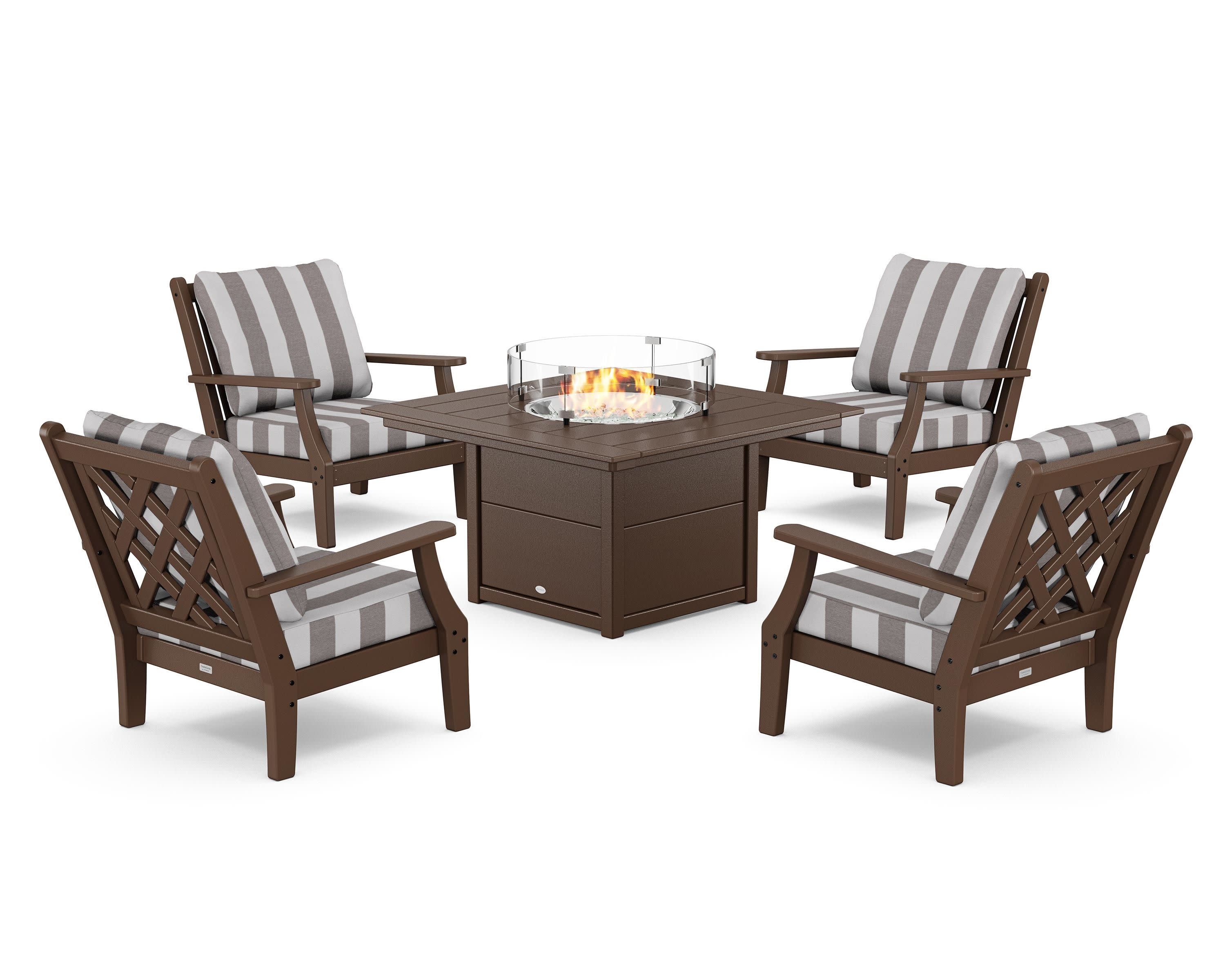 Wovendale 5-Piece Deep Seating Set with Fire Pit Table in Mahogany / Cabana Stripe Grey Mist