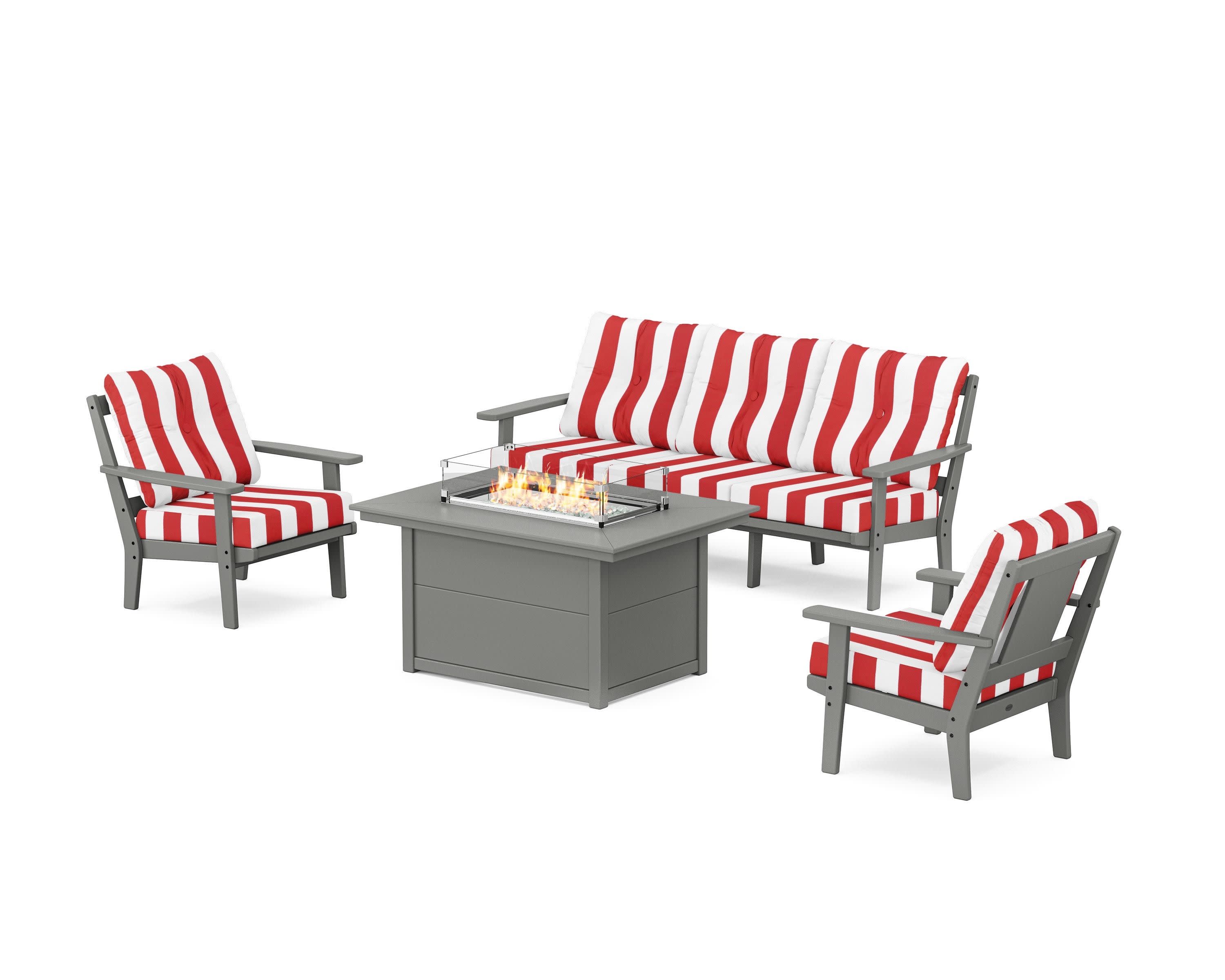 Prairie Deep Seating Fire Pit Table Set in Slate Grey / Cabana Stripe Crimson