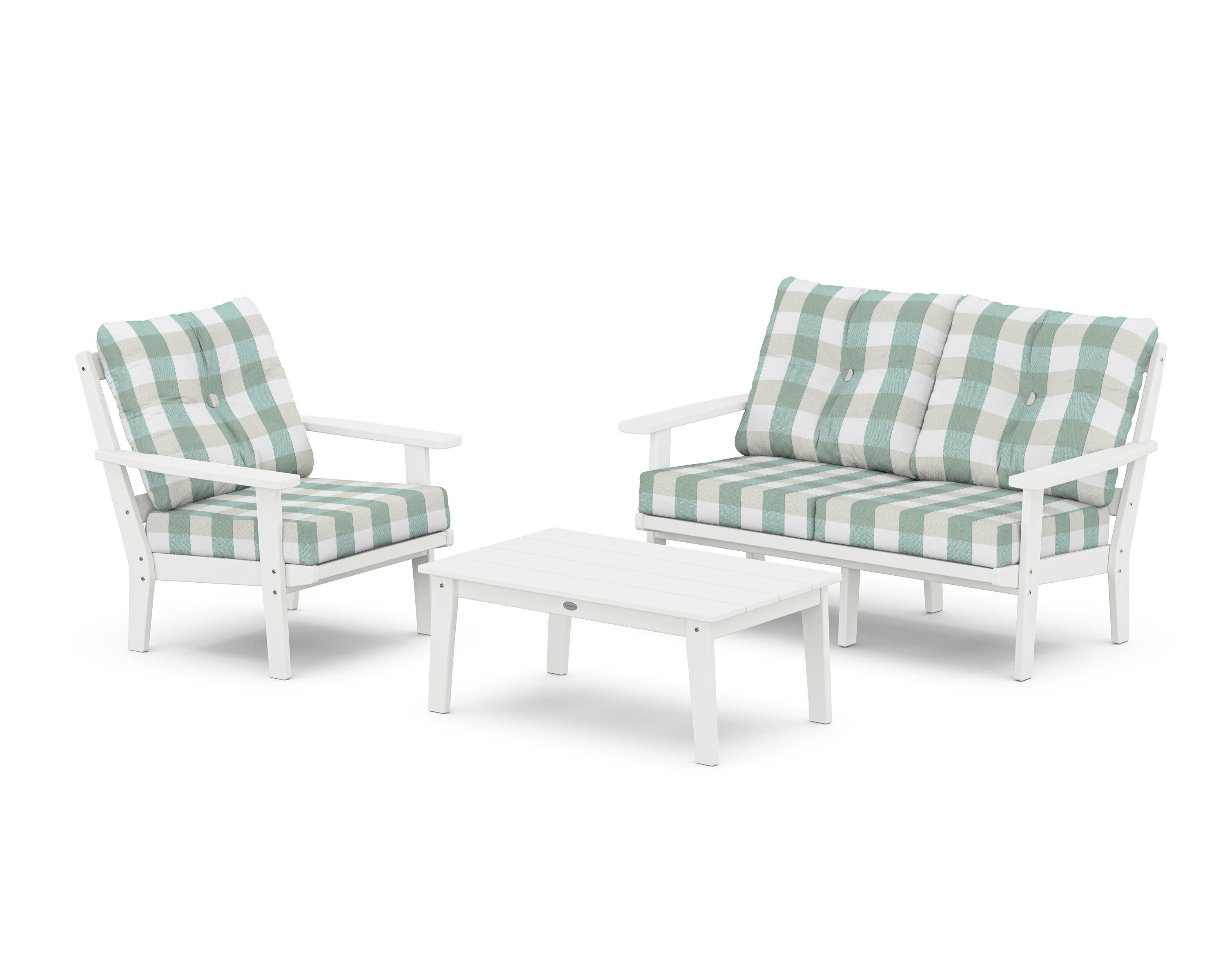 Prairie 3-Piece Deep Seating Set with Loveseat in White / Buffalo Plaid Glacier Spa