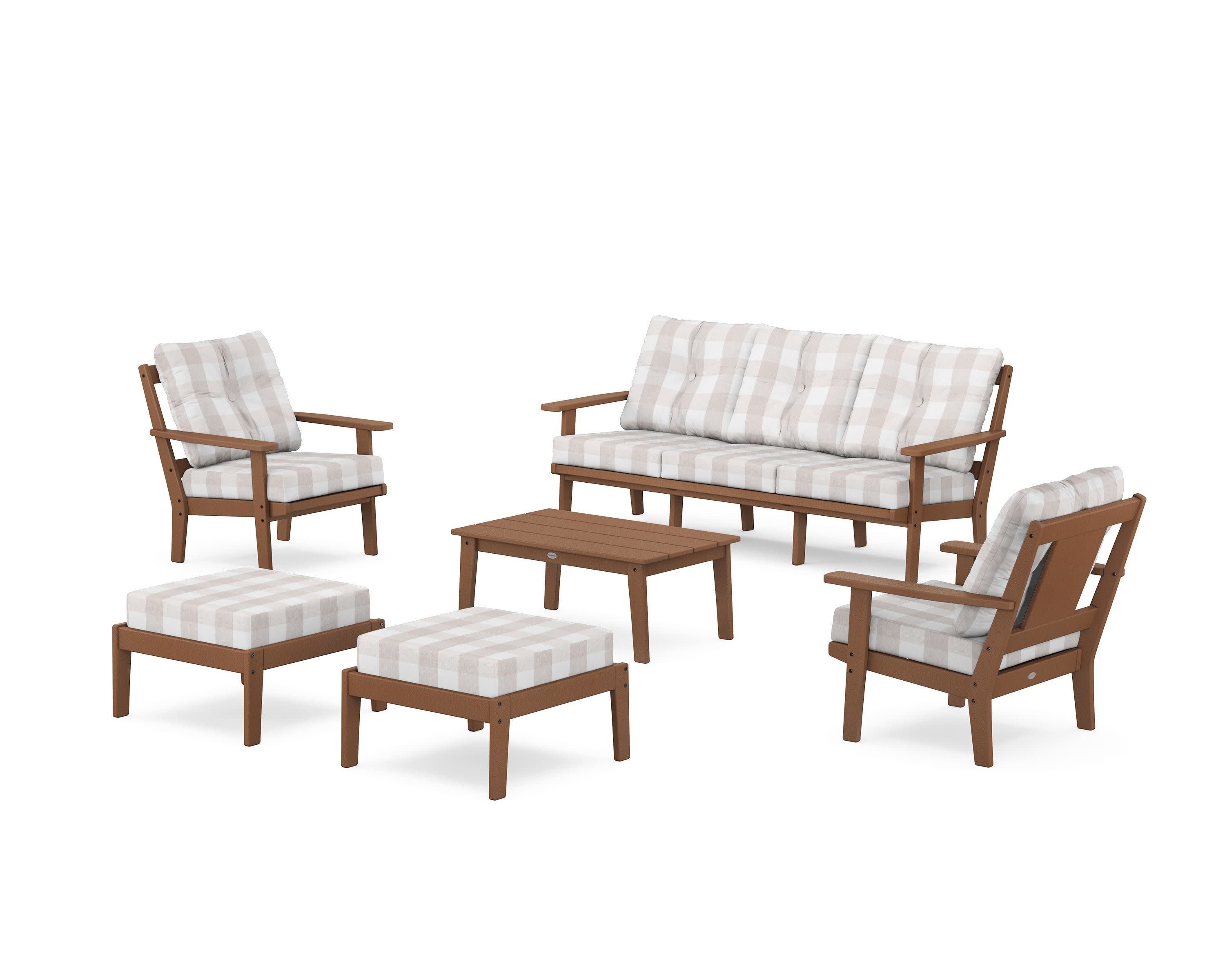 Prairie 6-Piece Lounge Sofa Set in Teak / Buffalo Plaid Dune Burlap